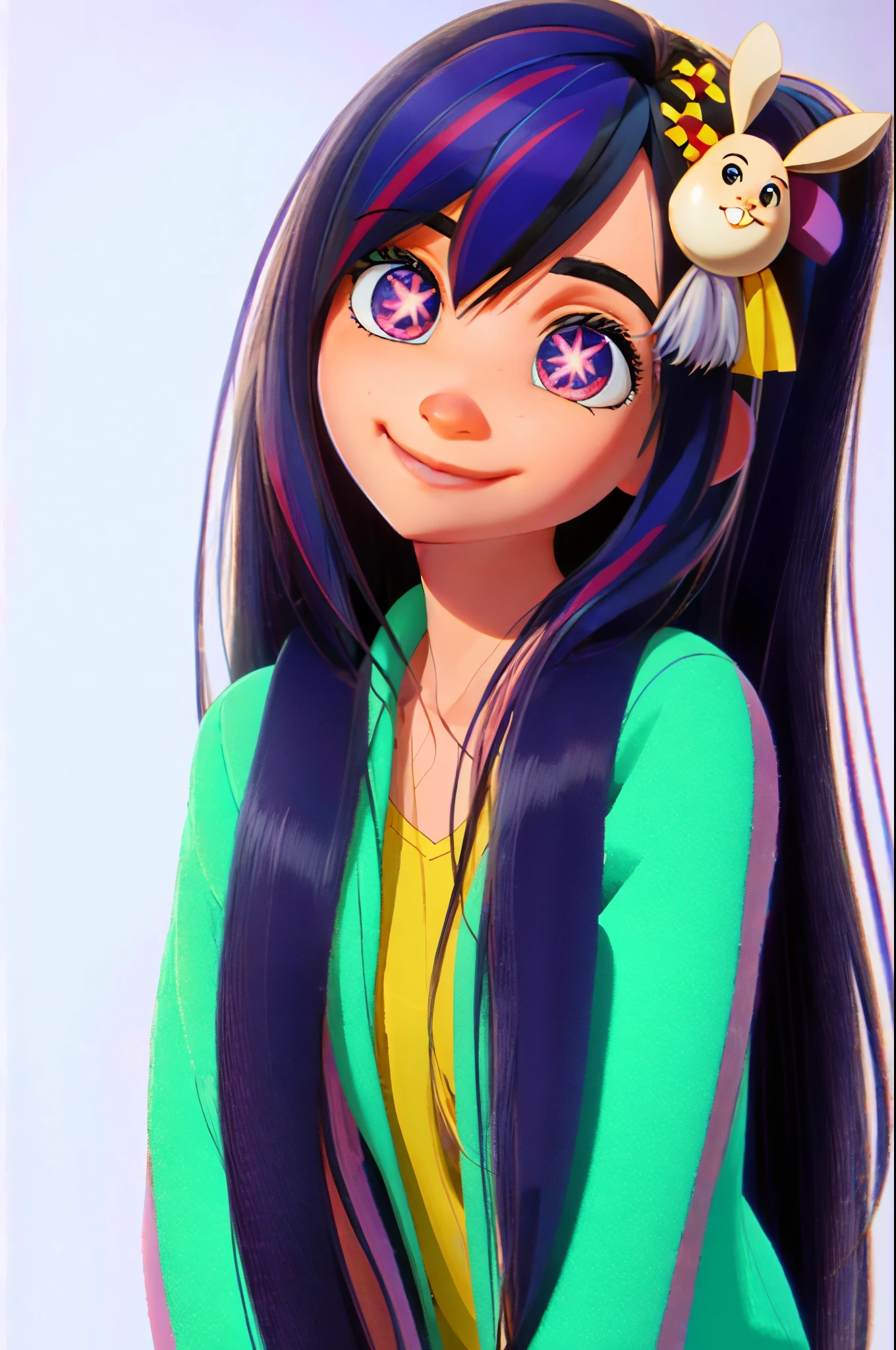 Hoshino Ai, long hair, purple hair, streaked hair, purple eyes, star-shaped pupils, hair ornament, 3D_Pixar_style