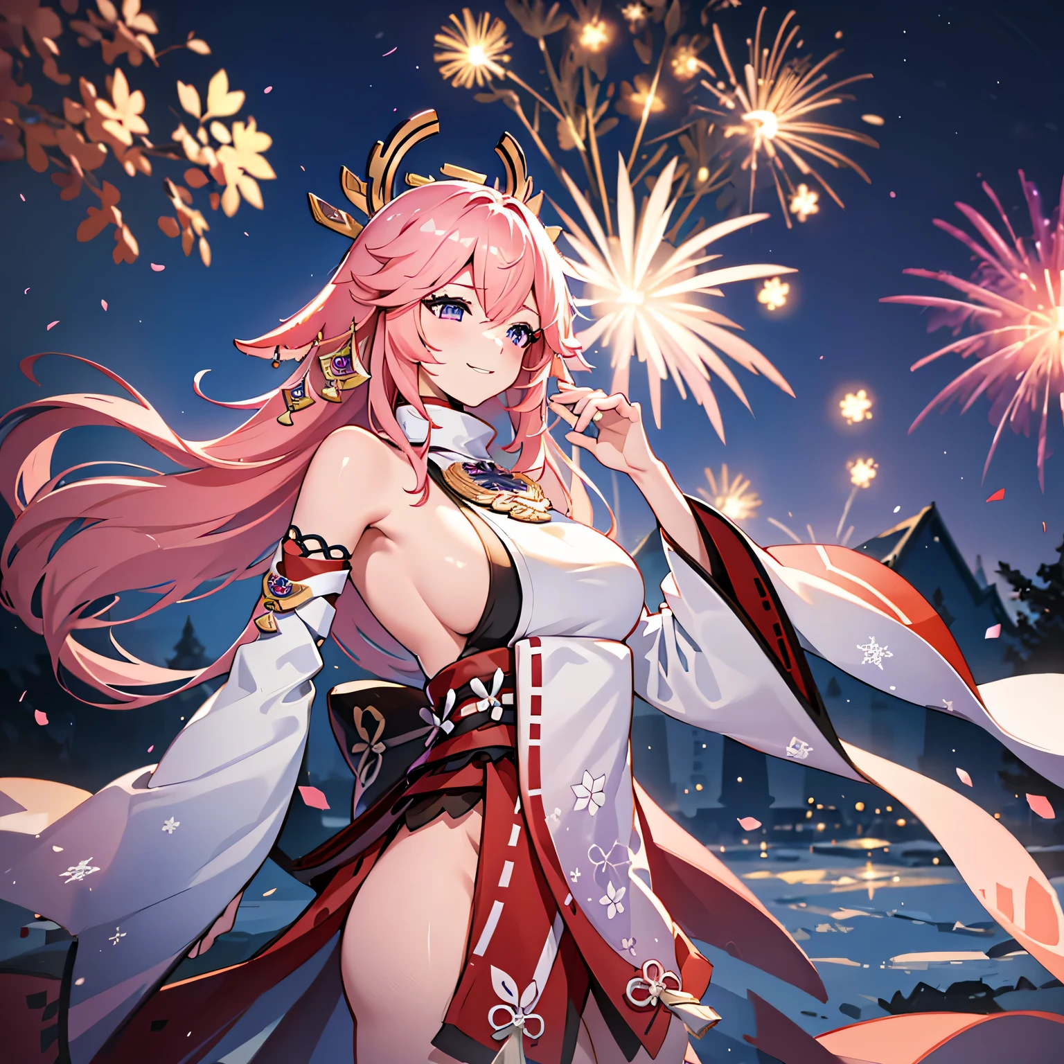 wide wide shot,Expansive night sky,Ring in the New Year,winter snowflakes flying,The landscape,painting of a,illustratio,sportrait,YaeMiko, with pink hair, The sleeves are separated, No shoulder strap, (Side breasts:1.45),((Grand fireworks show in the night sky)),Colorful fireworks,Twinkling stars,Romantic atmosphere,Stunning architectural design,overwhelming excitement,festive atmosphere,Magical moments,Inspiring artistic creations. Best quality at best,4K,8K,A high resolution,tmasterpiece:1.2,ultra - detailed,actual:1.37,
