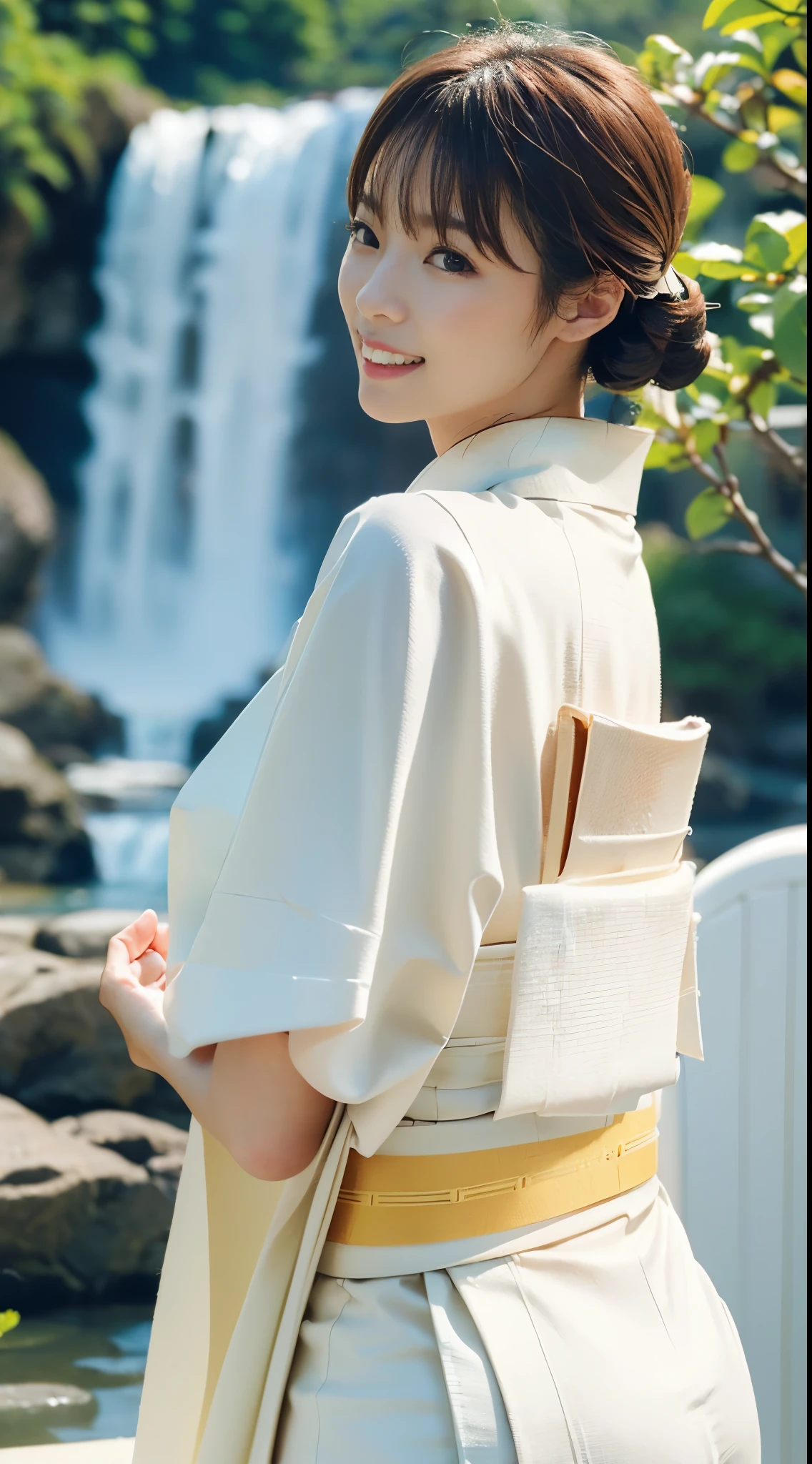 (((A beautiful woman wearing a pure white kimono with little exposed skin preparing to cleanse herself right in front of a large waterfall basin.))),(((An innocent gravure idol who looks good in a pure white kimono with a belt tied, puts her hands together and shows her purity.々standing with a happy face))),(((masutepiece:1.6))),(((ulzzang-6500))),(((perfect anatomia:1.6))),(((Deep depth of field with Hasselblad))),(((Sexy waist))),​masterpiece,top-quality,超A high resolution,High detailed portrait,(photographrealistic:1.4),(((High nose and chiseled beautiful face))),(((Long limbs like a model))),The fair-skinned nape of the neck is dazzling,(((The beautiful pure white kimono that shows off the lines of the body stands out.))),pull your chin and smile,((Full body shot from the rear)),Cute 20 years old, Her long glossy chestnut hair is tied up and the nape of her neck is sexy.,((Proud F cup beautiful breasts )),(I can&#39;t get enough of my waistline),(Famous popular actresses of Japan),(Look over your shoulder and smile with the corners of your mouth and eyebrows raised),A detailed eye,((Gravure photoshoot in front of a large waterfall basin with an elegant atmosphere)),((long lashes,big eye,Distinct double eyelids,((shiny thick lips)),(((perfect anatomia:1.4))),