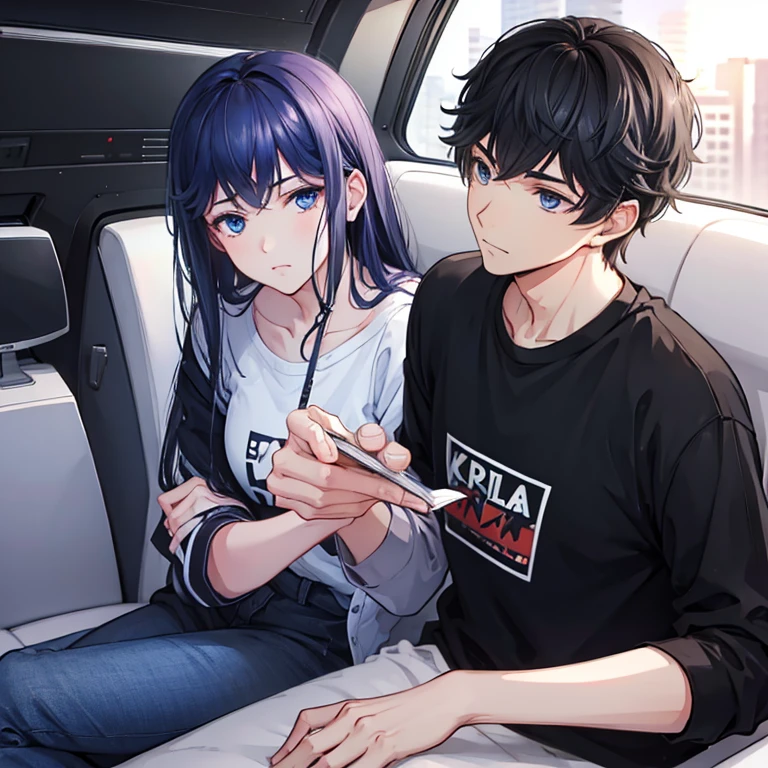 male, black hair, blue eyes, musician, wearing modern casual outfit, in an intimate pose with a girl with black hair and purple eyes, Zhou Qiluo