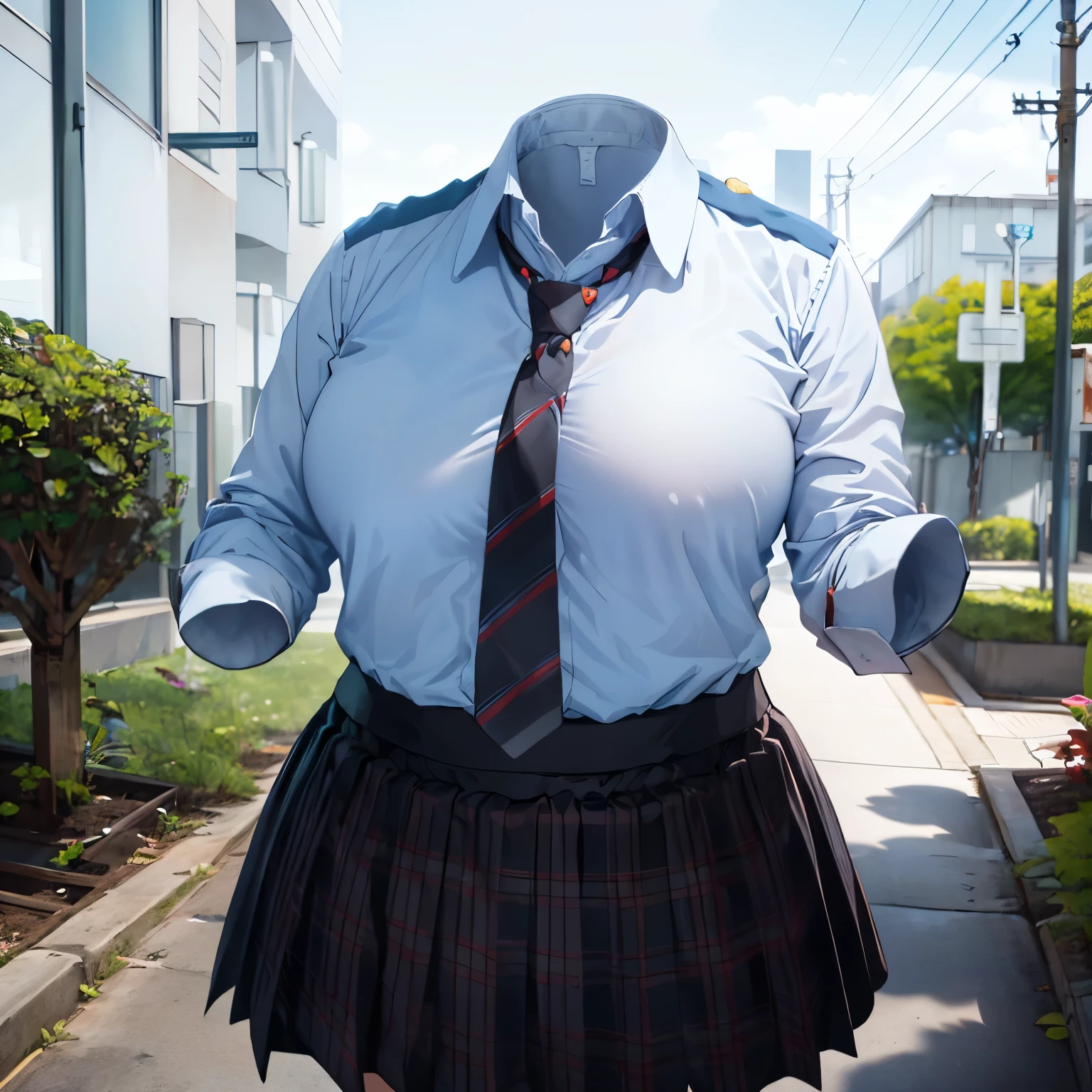 absurdres, highres, ultra detailed, school uniform, stripe tie, plaid skirt, (close-up to breasts), cute big breasts, (invisible, no human, headless, handless:1.5), chubby, fat, sleeping on bed