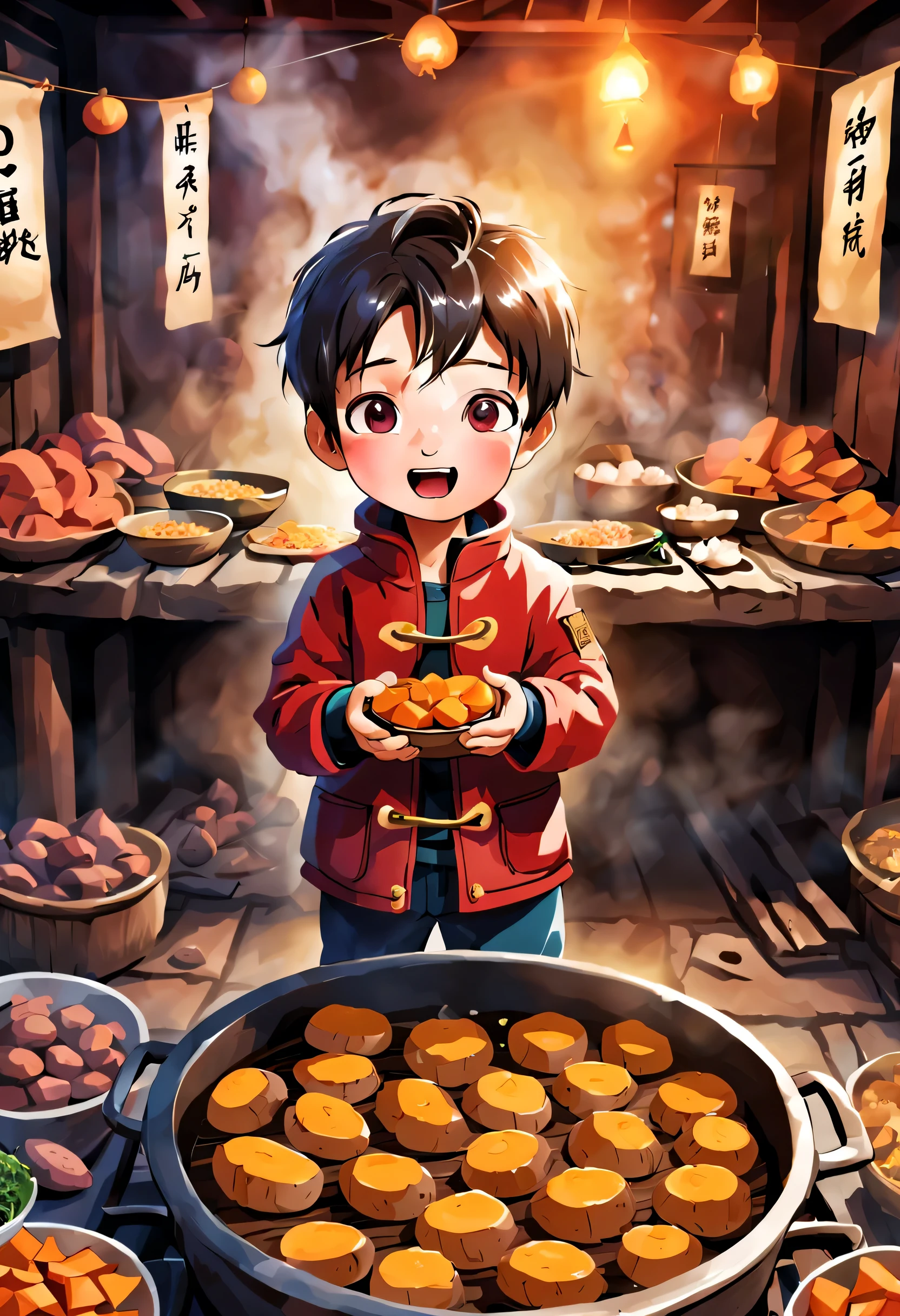 In the lively atmosphere of the Spring Festival temple fair，The cries of various small vendors come and go..。exclude，Roasted sweet potato stall，A  boy in a red cotton-padded jacket stares closely at the oven。His eyes sparkled with excitement，the corners of your mouth rise slightly，As if imagining the deliciousness of roasted sweet potatoes。
The stove is made of yellow mud，Cylindrical shape，About half a meter high。A slight curl of hot steam comes out of the furnace mouth.，With the aroma of sweet potatoes。Sweet potatoes roasted golden in the oven，The skin is a little shiny。The aroma of sweet potatoes overflows，attract people to stop。
Littletaring at sweet potatoes in the oven，His hands grabbed the corners of his clothes，with expectation。Wait until the sweet potatoes are ripe，little boy h sweet potato，Holding it in the palm of your hand is like holding a treasure。He carefully tore open the skin，The heat and aroma hit me。he took a bite，Sweetness spreads in the mouth。The little boy has a sed smile on his face。