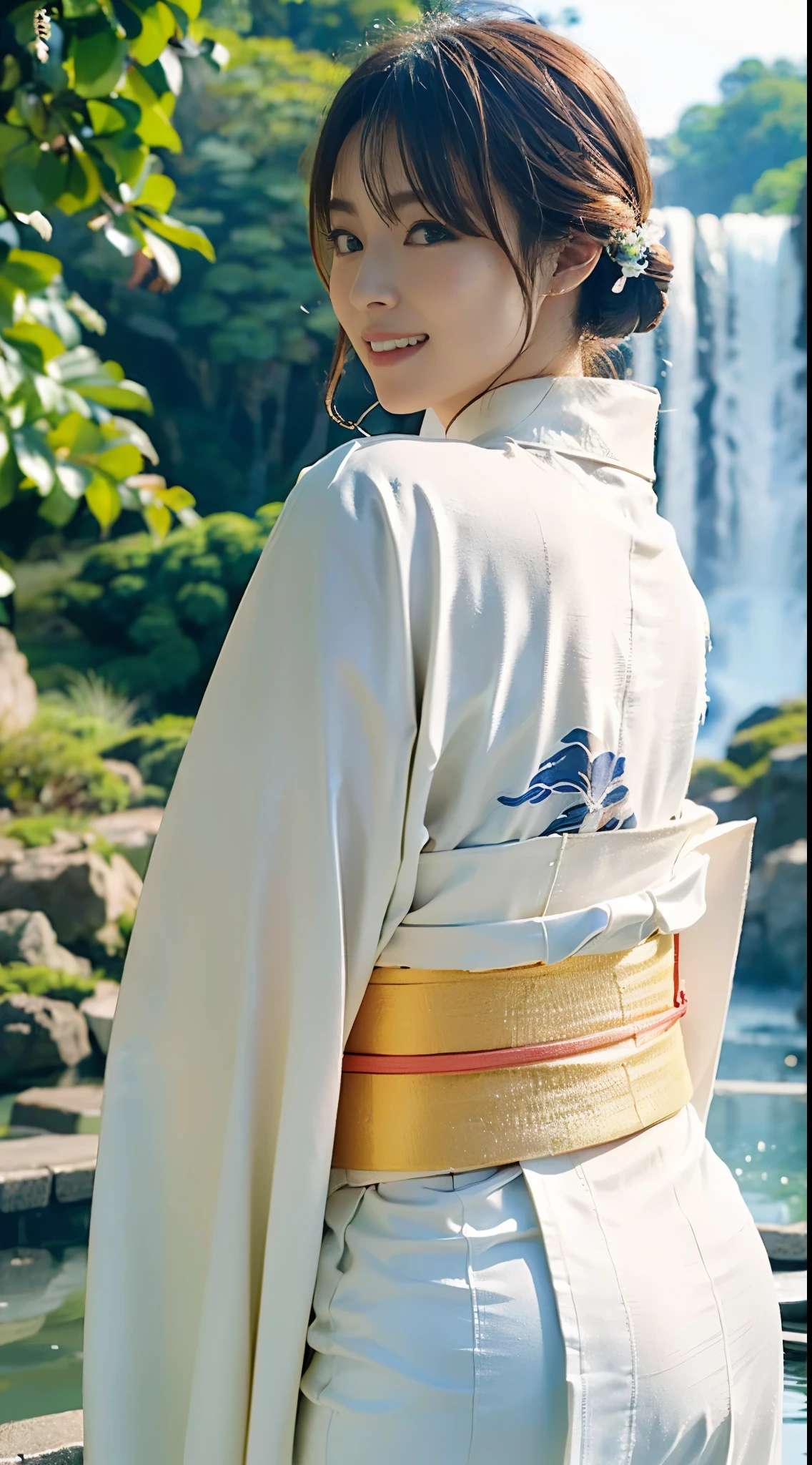 (((A beautiful woman wears a pure white kimono to cleanse herself early in the morning, with little skin exposed, and dips up to her knees in shallow water right in front of a large waterfall basin.))),(((A pure-hearted gravure idol wearing a pure white kimono with a sash tied together joins her hands as she enters the waterfall basin.))),(((masutepiece:1.6))),(((ulzzang-6500))),(((perfect anatomia:1.6))),(((Deep depth of field with Hasselblad))),(((Sexy waist))),masterpiece,top-quality,超A high resolution,High detailed portrait,(photographrealistic:1.4),(((High nose and chiseled beautiful face))),(((Long limbs like a model))),The fair-skinned nape of the neck is dazzling,(((The beautiful pure white kimono that shows off the lines of the body stands out.))),pull your chin and smile,((Full body shot from the rear)),Cute 20 years old, Her long glossy chestnut hair is tied up and the nape of her neck is sexy.,((Proud F cup beautiful breasts )),(I can't get enough of my waistline),(Famous popular actresses of Japan),(Look over your shoulder and smile with the corners of your mouth and eyebrows raised),A detailed eye,((Gravure photoshoot in front of a large waterfall basin with an elegant atmosphere)),((long lashes,big eye,Distinct double eyelids,((shiny thick lips)),(((perfect anatomia:1.4))),
