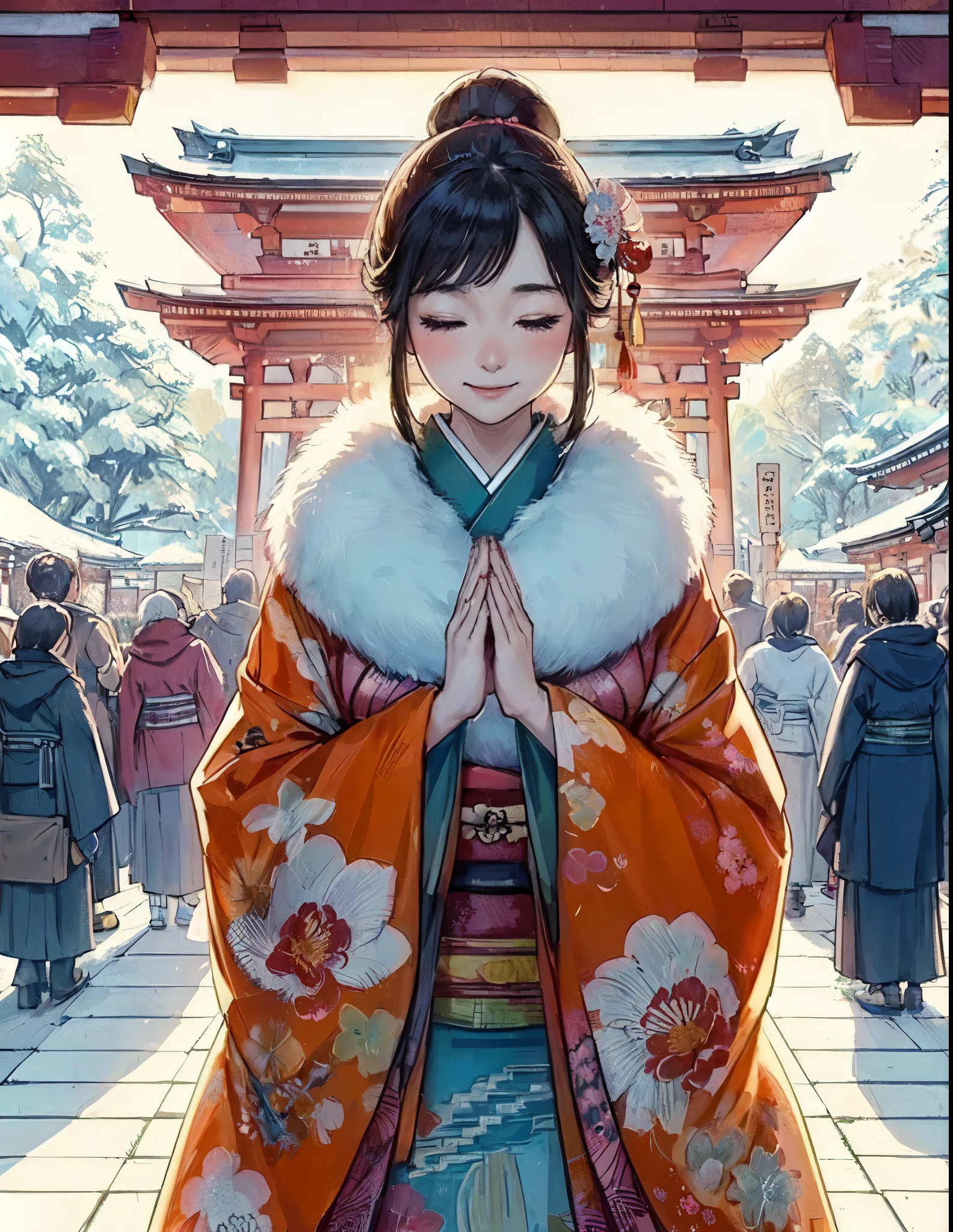 1lady solo, (bringing palms together (in front of face:1.2):1.2), (vibrant kimono) flower ornament, mature female, /(black hair/) bangs, blush light smile (eyes lightly closed:1.1), (masterpiece best quality:1.2) delicate illustration ultra-detailed, large breasts BREAK (Japanese shrine outdoors), (New Year's Day) winter, /(bricks road/), crowded