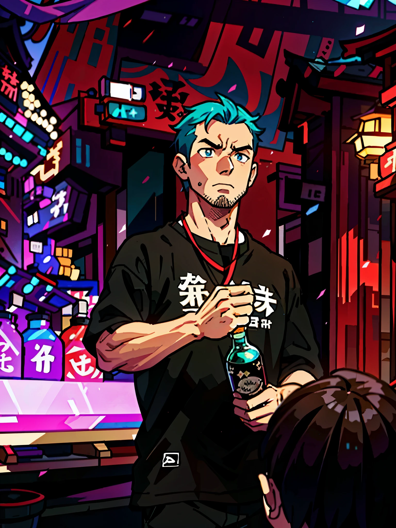 (beste-Qualit: 0,8), (beste-Qualit: 0,8), perfect anime illustration, Very close-up of a handsome man, walking in the city, tmasterpiece, Technological, ciberpunk, Kyoto, Meditation, Monks, preparation before the fight, turquoise hair, opinion, mouth open, holding a glass bottle of alcohol in his hands, opens a bottle