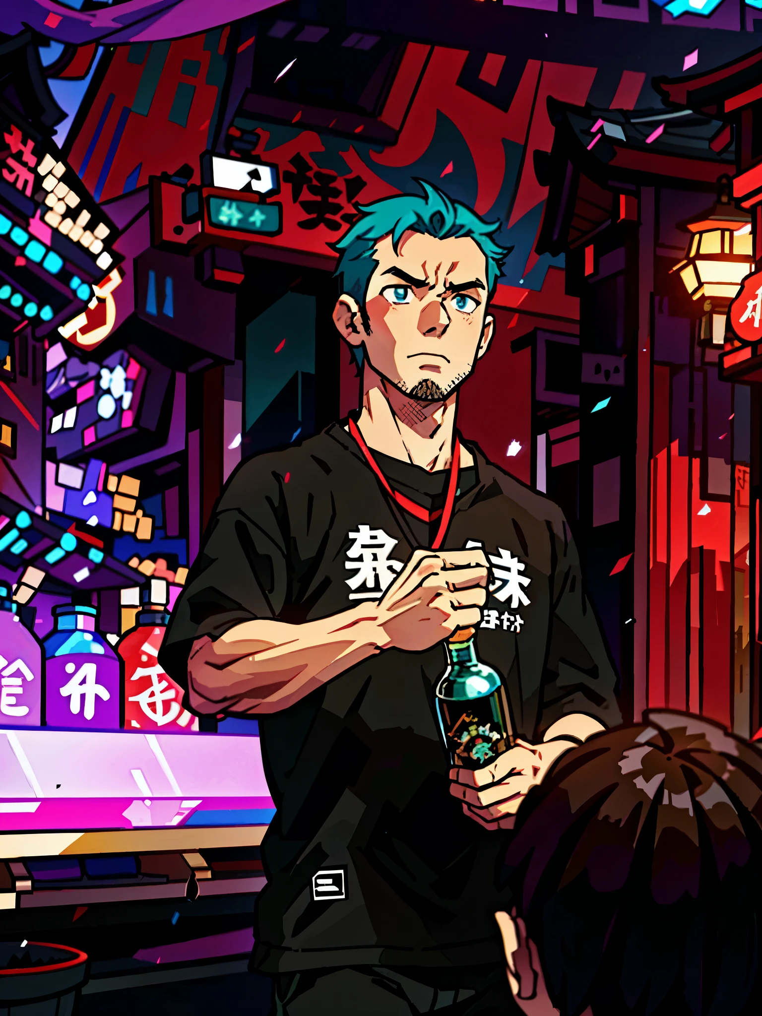 (beste-Qualit: 0,8), (beste-Qualit: 0,8), perfect anime illustration, Very close-up of a handsome man, walking in the city, tmasterpiece, Technological, ciberpunk, Kyoto, Meditation, Monks, preparation before the fight, turquoise hair, opinion, mouth open, holding a glass bottle of alcohol in his hands, opens a bottle