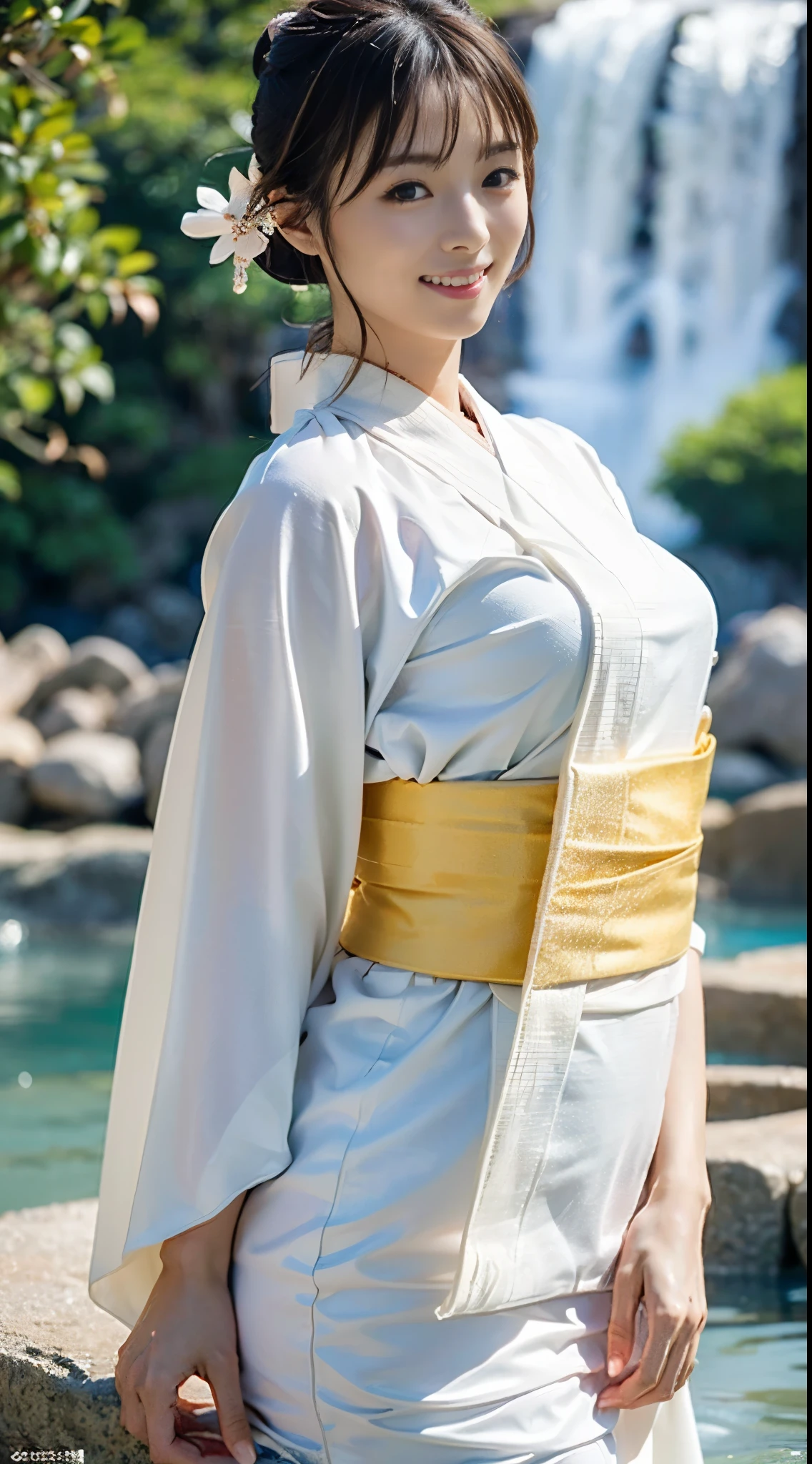 (((A beautiful woman swims up to her knees in the shallow water right in front of a large waterfall basin, wearing a sheer white kimono that exposes little skin to cleanse herself early in the morning.))),(((A pure-hearted gravure idol wearing a pure white kimono with a sash tied together joins her hands as she enters the waterfall basin.))),(((masutepiece:1.6))),(((ulzzang-6500))),(((perfect anatomia:1.6))),(((Deep depth of field with Hasselblad))),(((Sexy waist))),masterpiece,top-quality,超A high resolution,High detailed portrait,(photographrealistic:1.4),(((High nose and chiseled beautiful face))),(((Long limbs like a model))),The fair-skinned nape of the neck is dazzling,(((The beautiful pure white kimono that shows off the lines of the body stands out.))),pull your chin and smile,((Full body shot from the side)),Cute 20 years old, Her long glossy chestnut hair is tied up and the nape of her neck is sexy.,((Proud F cup beautiful breasts )),(I can't get enough of my waistline),(Famous popular actresses of Japan),(Look over your shoulder and smile with the corners of your mouth and eyebrows raised),A detailed eye,((Gravure photoshoot in front of a large waterfall basin with an elegant atmosphere)),((long lashes,big eye,Distinct double eyelids,((shiny thick lips)),(((perfect anatomia:1.4))),