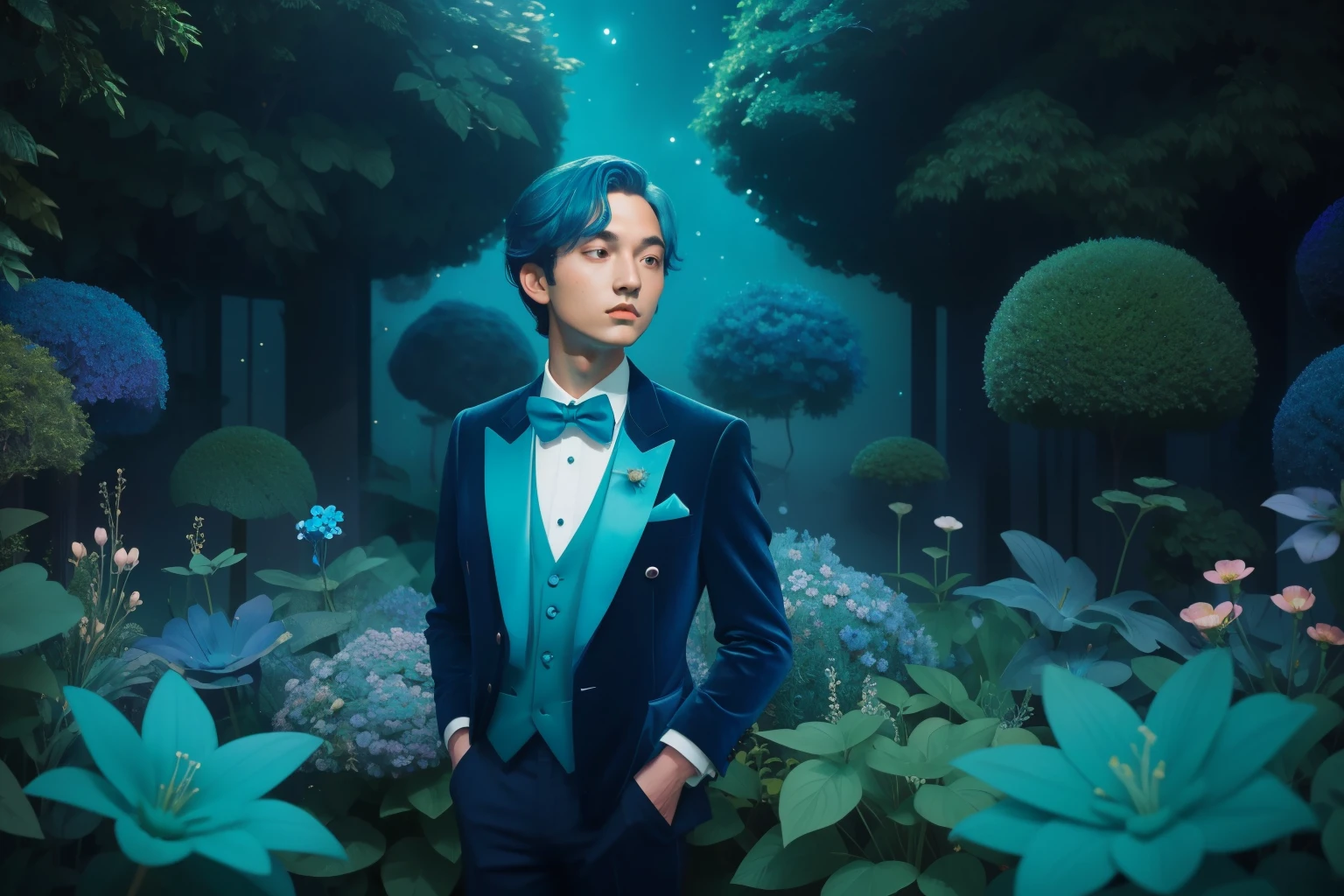 The Midnight Garden Symphony: Illustrate a  boy with midnight-blue hair, wearing a velvet smoking jacket, conducting a symphony of bioluminescent flowers in a moonlit garden. The botanical orchestra, set against a backdrop of indigo and teal, should capture the otherworldly magic synonymous with Wes Anderson's visual storytelling.