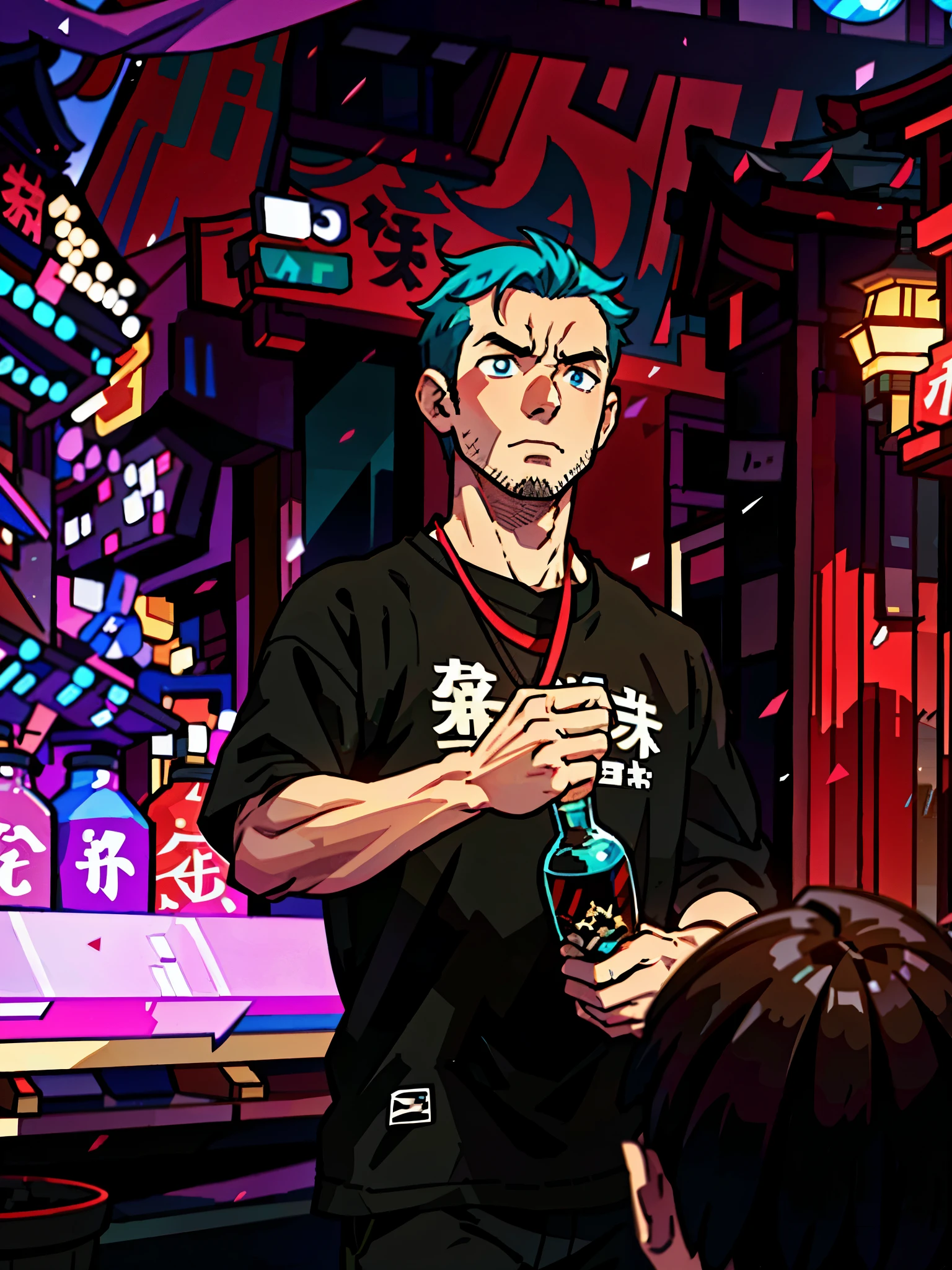 (beste-Qualit: 0,8), (beste-Qualit: 0,8), perfect anime illustration, Very close-up of a handsome man, walking in the city, tmasterpiece, Technological, ciberpunk, Kyoto, Meditation, Monks, preparation before the fight, turquoise hair, opinion, mouth open, holding a glass bottle of alcohol in his hands, opens a bottle