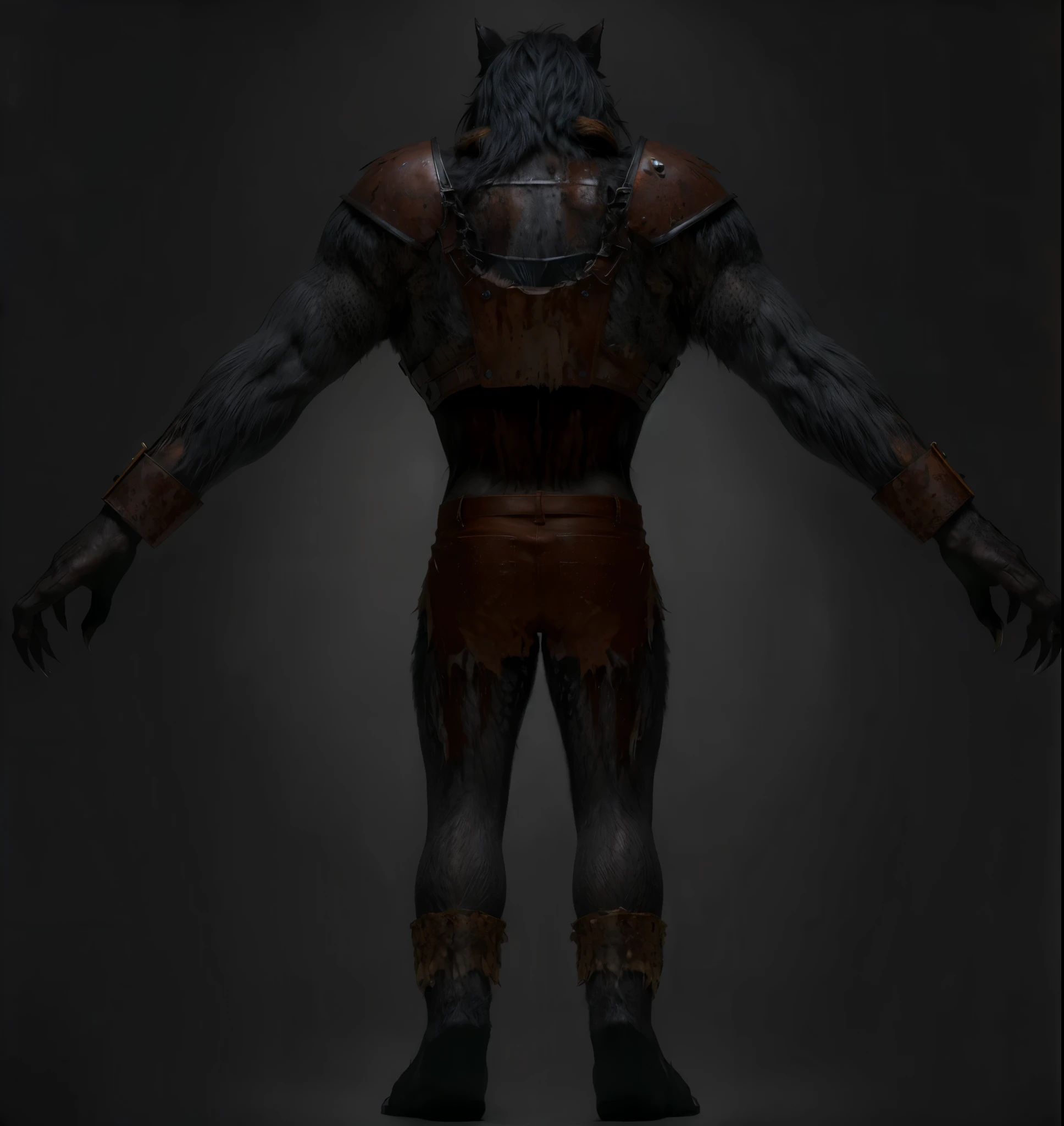 (masterpiece),(best quality:1.0),(ultra high resolution:1.0),monster, werewolf, zombie wolf, zombie , back, claws, fangs, body hairs, chains,chest armor, metal armor, shorts, torn pants, wolfteam, 8k wallpaper, full body