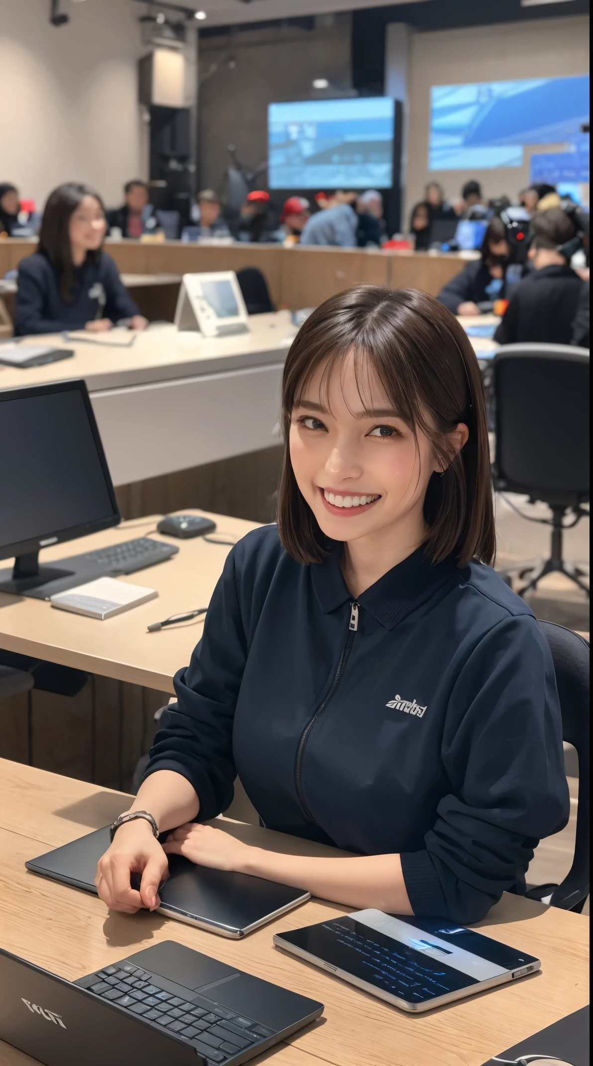 A woman sitting at a desk with a laptop and microphone, sitting in front of a microphone, Twitch streamer, Twitch streamer/gamer Ludwig, giving an interview, accurate portrait, taking control while smiling, H3H3, with a happy expression, accurate representation, in front of a computer, trending art, Shutterstock, studio shot, very expressive, realistic anime, drawn,