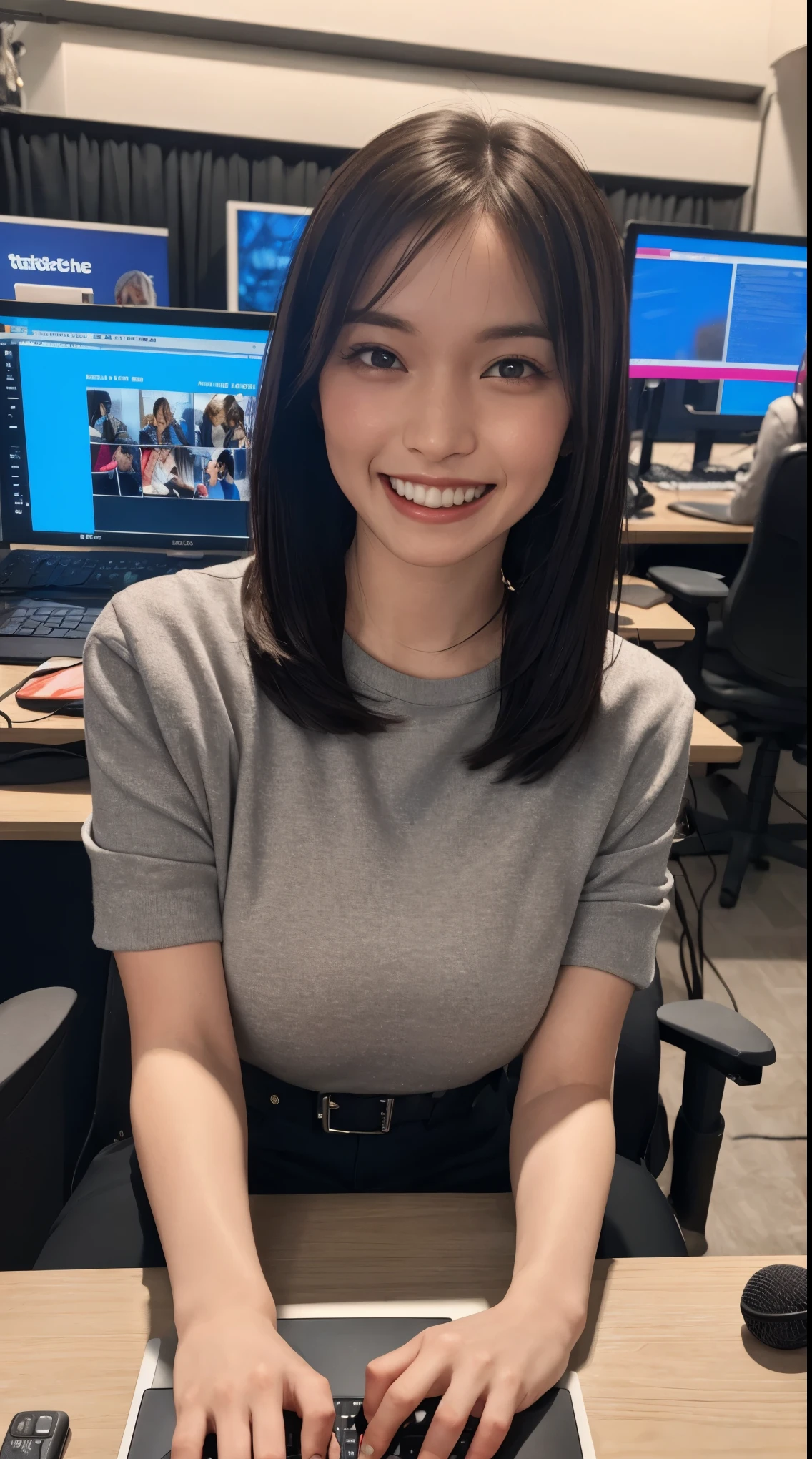 A woman sitting at a desk with a laptop and microphone, sitting in front of a microphone, Twitch streamer, Twitch streamer/gamer Ludwig, giving an interview, accurate portrait, taking control while smiling, H3H3, with a happy expression, accurate representation, in front of a computer, trending art, Shutterstock, studio shot, very expressive, realistic anime, drawn,