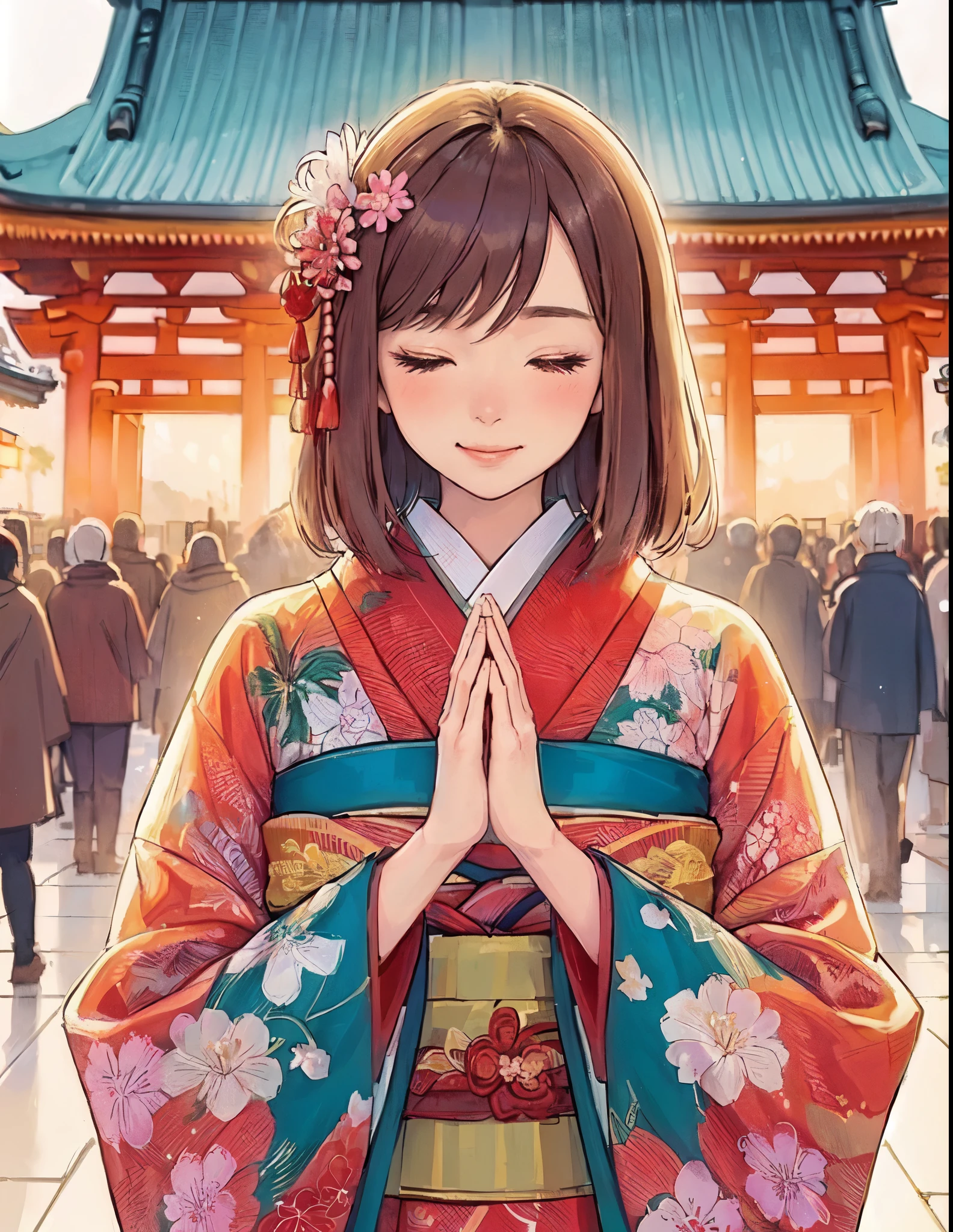 1lady solo, (bringing palms together (in front of face:1.2):1.2), (vibrant kimono) flower ornament, mature female, /(brown hair/) bangs, blush light smile (eyes lightly closed:1.1), (masterpiece best quality:1.2) delicate illustration ultra-detailed, large breasts BREAK (Japanese shrine outdoors), (New Year's Day) winter, /(bricks road/), crowded