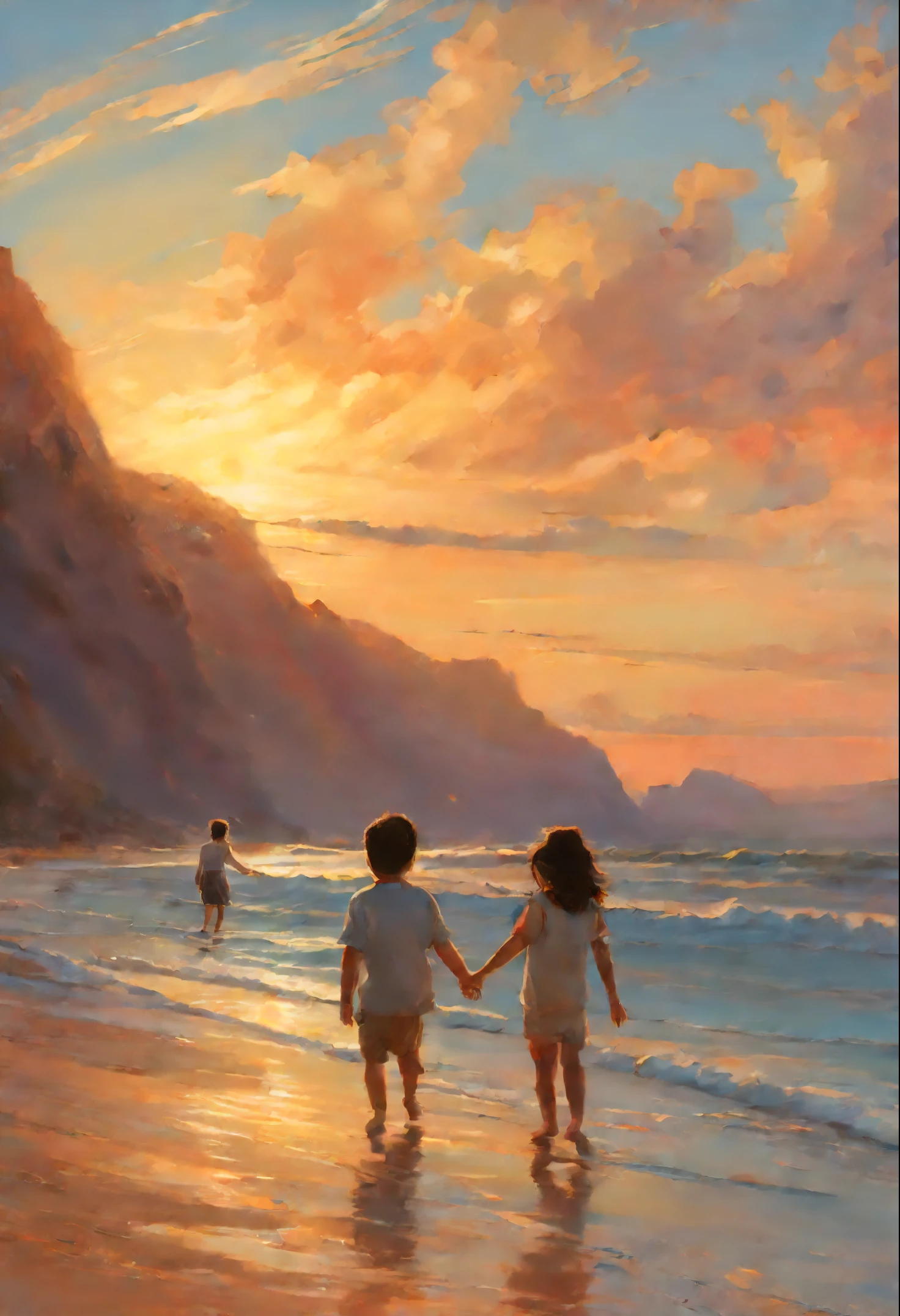 Painting of two children и мама с папой, holding hands on the beach at sunset, rob rey and kentarõ miura, Inspired by Mark Keatley, Rads and Thomas Kincaid, John McNaughton, summer morning light, breathtaking art, Rob McNaughton, inspired by Antonio Chiseri, sakimichan and makoto shinkai, Author: RHADS