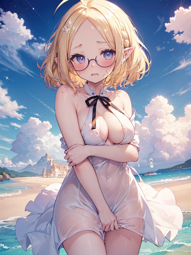 ultra detailed, best quality, high resolution, ((16k)), ((1 )), pale skin, petite, (glossy blonde hair:1.5), (very short hair), (ahoge:1.5), (glasses), pointy ears:1.3, (blush:1.5), blue eyes, ((large breasts)), (((face))), ((single short braid:0.8)), (wavy mouth:1.2), open mouth:1.5, ((hair ribbon)), nsfw, ((nude)), ((forehead:1.3)), (((cum on breasts:1.3))), beach, star night:1.5,
