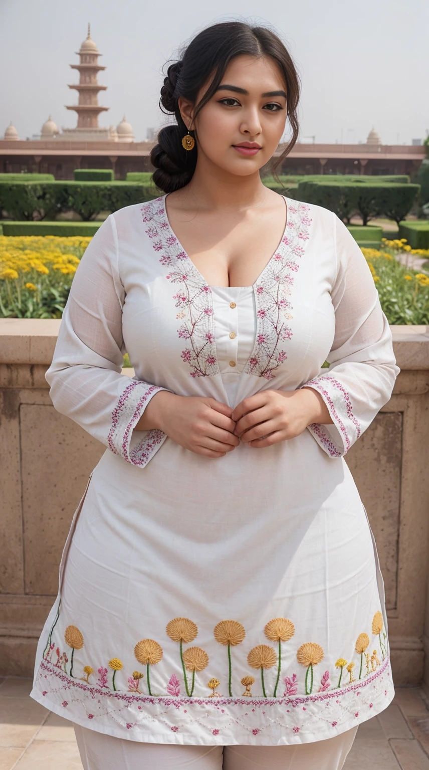 Malvika Sharma Indian beautiful woman sexy curvy plus size model wearing Kurta with Kutch Embroidery with Phad Print facing to camera in standing position, curvy plus size figure, big m-cup breasts, side bun hairstyle, bright eyes, thin eyebrows, fair skin, blushing cheeks, prefect , head to thigh view, Akshardham Temple, New Delhi background and location, Dreamy Dandelions Embroidery