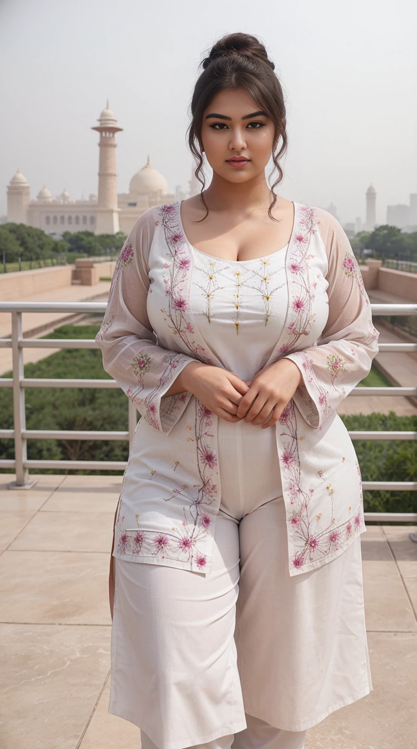 Malvika Sharma Indian beautiful woman sexy curvy plus size model wearing Kurta with Kutch Embroidery with Phad Print facing to camera in standing position, curvy plus size figure, big m-cup breasts, side bun hairstyle, bright eyes, thin eyebrows, fair skin, blushing cheeks, prefect , head to thigh view, Akshardham Temple, New Delhi background and location, Dreamy Dandelions Embroidery