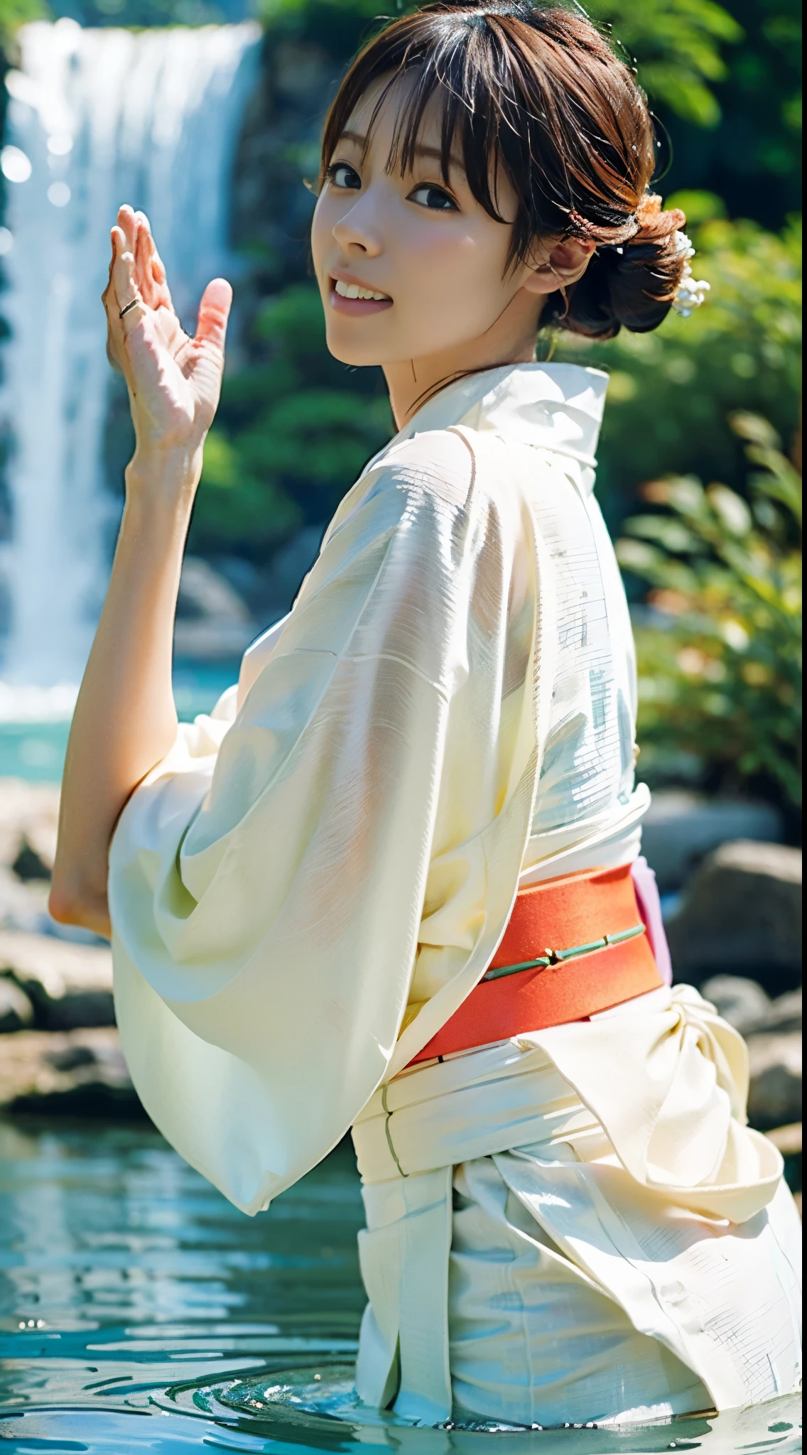 (((A beautiful woman wears a sheer white kimono that exposes little skin to cleanse herself early in the morning, and is submerged up to her waist in shallow water right in front of a large waterfall, braving the cold.))),(((A pure-hearted gravure idol wearing a pure white kimono with a sash cinched is soaking in a waterfall while holding her hands together.))),(((masutepiece:1.6))),(((ulzzang-6500))),(((perfect anatomia:1.6))),(((Deep depth of field with Hasselblad))),(((Sexy waist))),masterpiece,top-quality,超A high resolution,High detailed portrait,(photographrealistic:1.4),(((High nose and chiseled beautiful face))),(((Long limbs like a model))),The fair-skinned nape of the neck is dazzling,(((The beautiful pure white kimono that shows off the lines of the body stands out.))),chin up and pray,((Full body shot from the side)),Cute 20 years old, Her long glossy chestnut hair is tied up and the nape of her neck is sexy.,((Proud F cup beautiful breasts )),(I can't get enough of my waistline),(Famous popular actresses of Japan),(I look over my shoulder, raise the corners of my mouth and eyebrows, and hold back.),A detailed eye,((Gravure photo shoot at a large waterfall basin surrounded by elegant trees)),((long lashes,big eye,Distinct double eyelids,((shiny thick lips)),(((perfect anatomia:1.4))),
