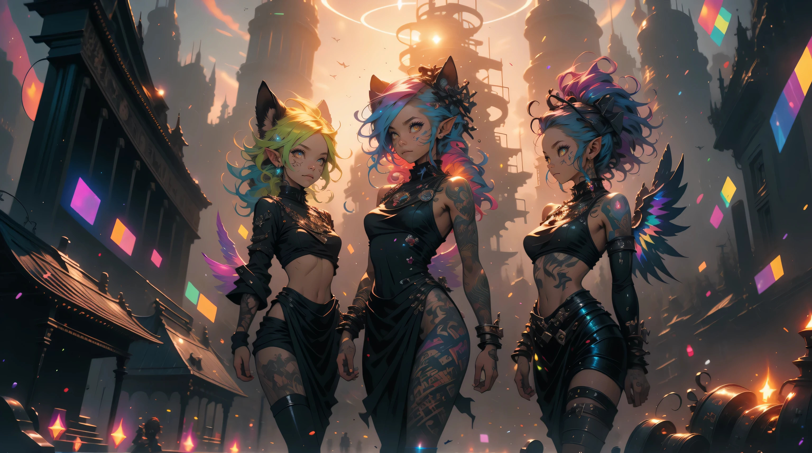 three beautiful elf females 20 years old, nudist, no clothes, extreme abs, cute face, crazy hair, colored hair, yellow eyes, deep fashion, cyberspace, surreal, virtual reality, Holographic Symphony, video game, crazy colors, SteamPunk Schematics, ribbons, tattoes, many tattoos, extreme tattoos, NanoSorcerer's Symphony, full body tattoos, Data Landscapes, beautiful tattoos, weird perspective, dramatic light, dungeons and dragons, quest, adventurers, action, playfull, cute, profound, cat ears, Pixel Potions and Portals, dramatic glowing halos, colorful angelic wings, group photo, temple, magical energies, witchcraft, permanent love energy, Quantum Perspectives