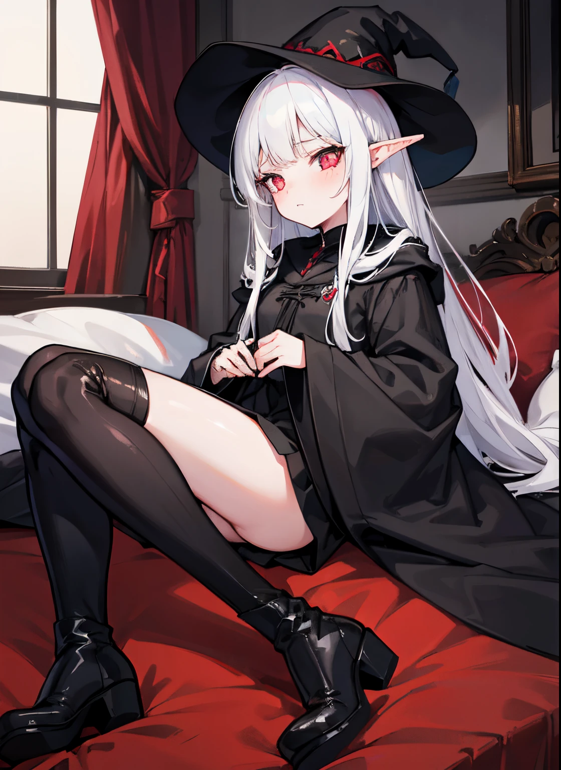 Girl Occupation is Black Witch White long hair Wearing black robes Wearing black stockings Wearing boots Red pupils Shyness Lying on a goblin's bed Kissing a goblin
