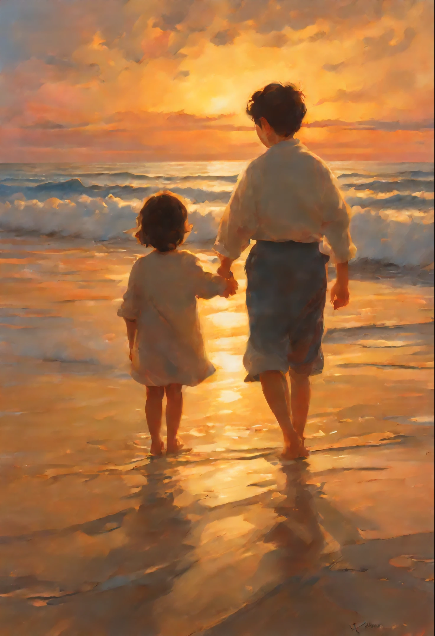 Painting of two children и мама с папой, holding hands on the beach at sunset, rob rey and kentarõ miura, Inspired by Mark Keatley, Rads and Thomas Kincaid, John McNaughton, summer morning light, breathtaking art, Rob McNaughton, inspired by Antonio Chiseri, sakimichan and makoto shinkai, Author: RHADS