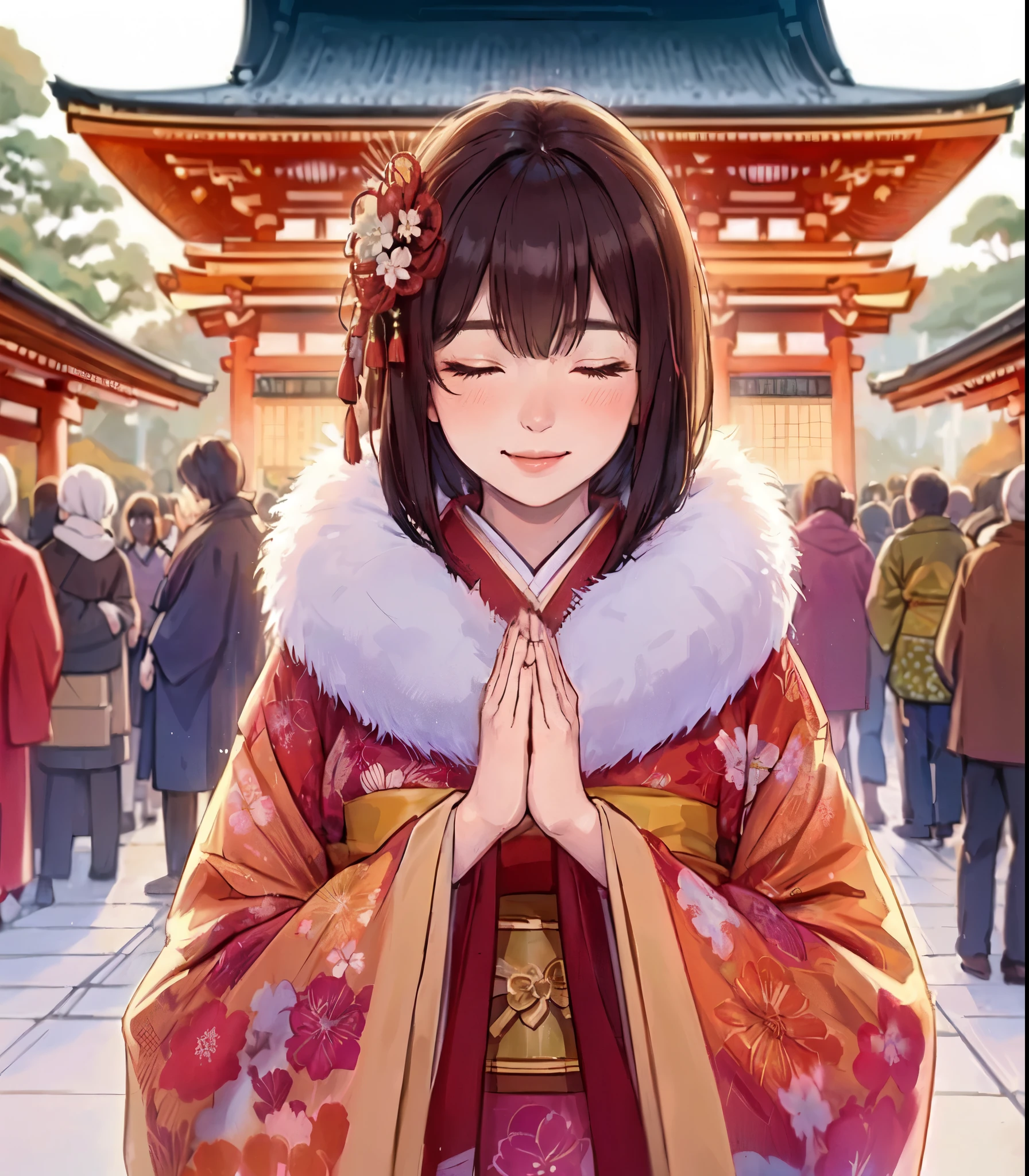 1lady solo, (bringing palms together (in front of face:1.2):1.2), (vibrant kimono) flower ornament, mature female, /(dark brown hair/) bangs, blush light smile (eyes lightly closed:1.1), (masterpiece best quality:1.2) delicate illustration ultra-detailed, large breasts BREAK (Japanese shrine outdoors), (New Year's Day) winter, /(bricks road/), crowded
