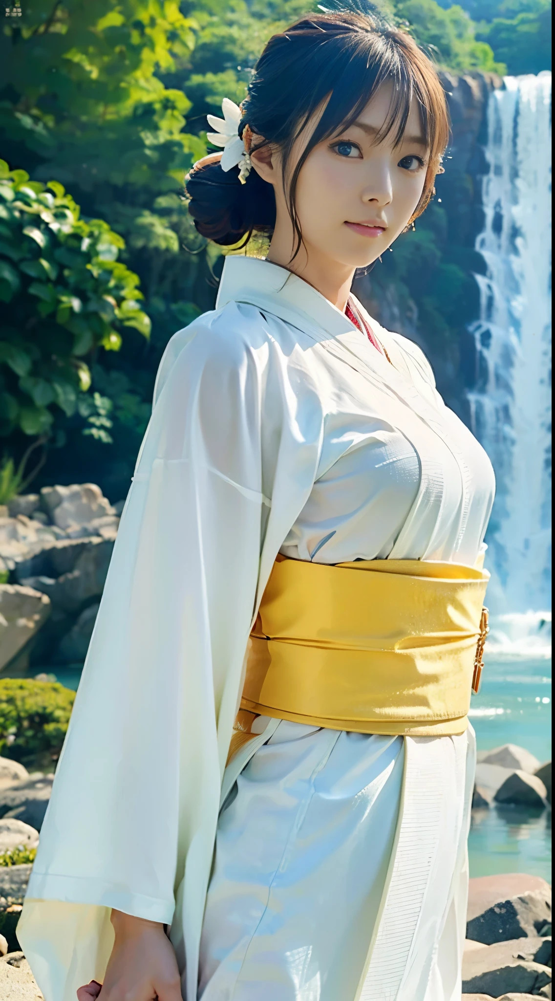 (((A beautiful woman wears a sheer white kimono that exposes little skin to cleanse herself early in the morning, and is submerged up to her waist in shallow water right in front of a large waterfall, braving the cold.))),(((A pure-hearted gravure idol wearing a pure white kimono with a sash cinched is soaking in a waterfall while holding her hands together.))),(((masutepiece:1.6))),(((ulzzang-6500))),(((perfect anatomia:1.6))),(((Deep depth of field with Hasselblad))),(((Sexy waist))),masterpiece,top-quality,超A high resolution,High detailed portrait,(photographrealistic:1.4),(((High nose and chiseled beautiful face))),(((Long limbs like a model))),The fair-skinned nape of the neck is dazzling,(((The beautiful pure white kimono that shows off the lines of the body stands out.))),chin up and pray,((Full body shot from the side)),Cute 20 years old, Her long glossy chestnut hair is tied up and the nape of her neck is sexy.,((Proud F cup beautiful breasts )),(I can't get enough of my waistline),(Famous popular actresses of Japan),(I look over my shoulder, raise the corners of my mouth and eyebrows, and hold back.),A detailed eye,((Gravure photo shoot at a large waterfall basin surrounded by elegant trees)),((long lashes,big eye,Distinct double eyelids,((shiny thick lips)),(((perfect anatomia:1.4))),