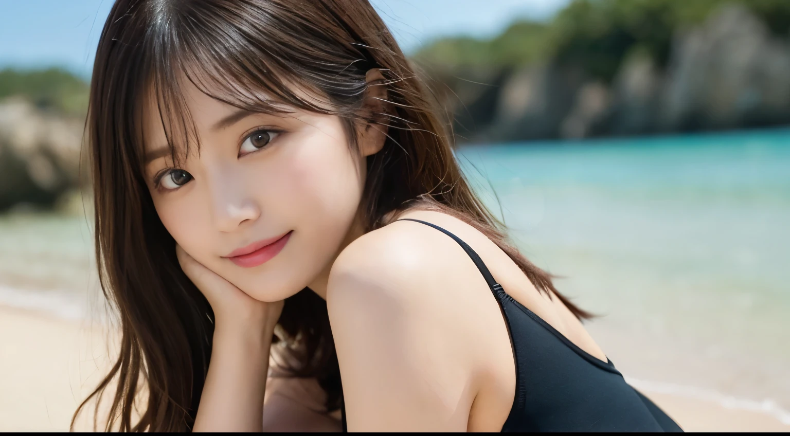 masutepiece, Best Quality, Illustration, Ultra-detailed, finely detail, hight resolution, 8K Wallpaper, Perfect dynamic composition, Beautiful detailed eyes, she is wearing a black bikini swimsuit,Medium Hair,Natural Color Lip,Smile,Harajuku、20 years girl、Bust up angle looking at camera、Arms behind your back、Fold your hands behind your back、C Cup、Brown hair、cacique#39;s face、Blurred private beach background