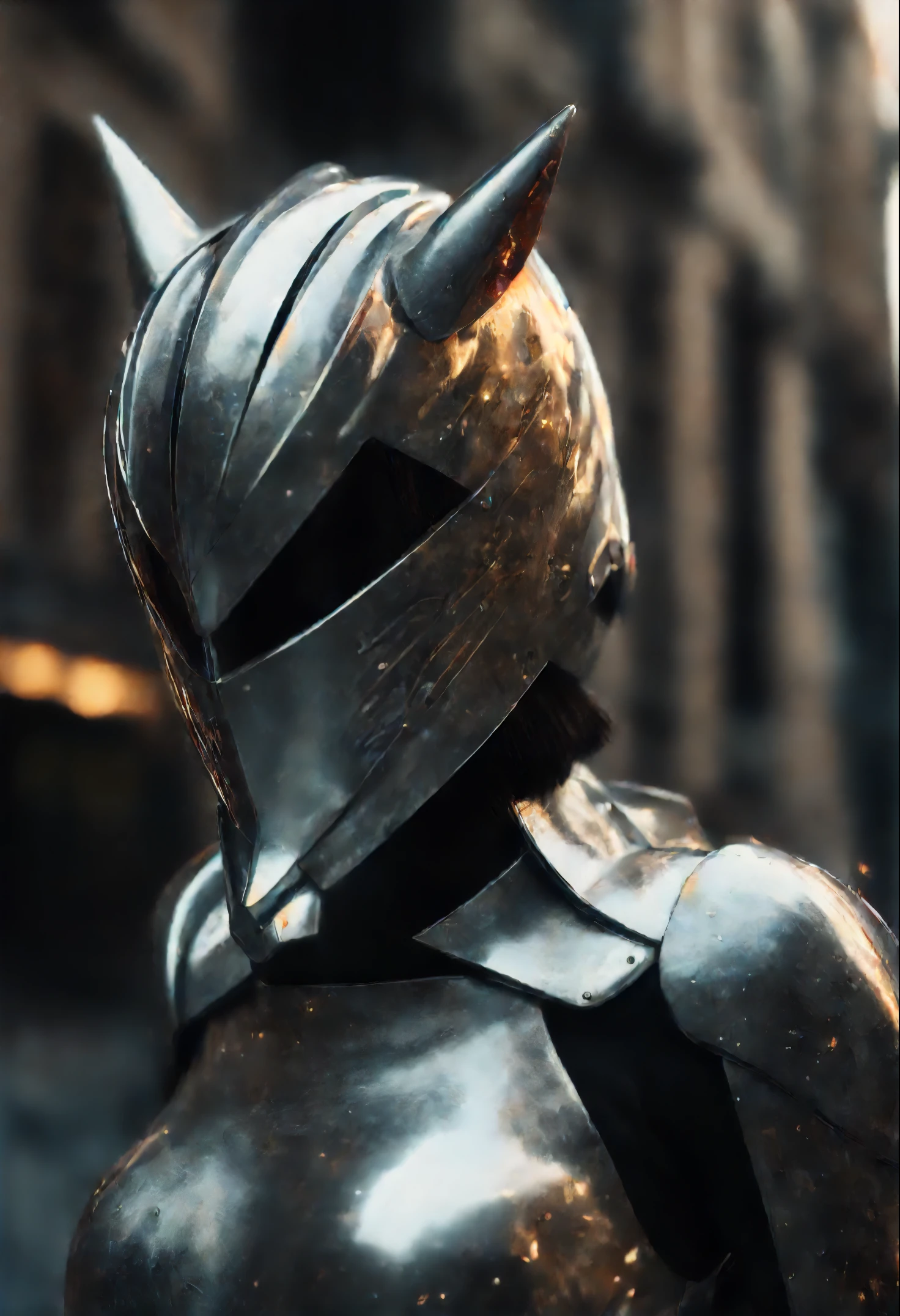 1 girl, no face, mysterious, helmet, unicorn horn, glowing eyes, Extreme detail expression, Glossy metal, dynamic angle, detailed light, dramatic_shadow, ray_tracing, reflection,Raw, cinematic shot, (sharp focus:1.5), (photorealistic:1.2), twilight lighting, volumetric lighting, ultra high res, 16K,dramatic lighting,