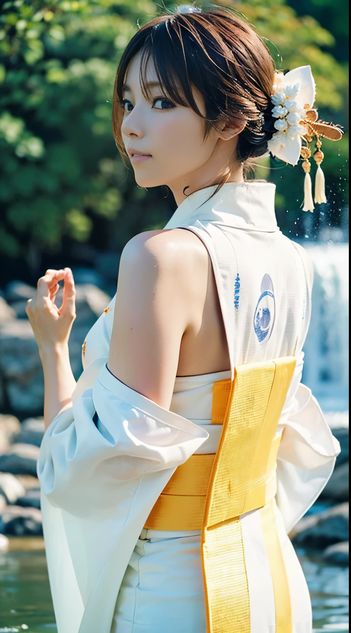 (((A beautiful woman wears a sheer white kimono that exposes little skin to cleanse herself early in the morning, and is submerged up to her waist in shallow water right in front of a large waterfall, braving the cold.))),(((A pure-hearted gravure idol wearing a pure white kimono with a sash cinched is soaking in a waterfall while holding her hands together.))),(((masutepiece:1.6))),(((ulzzang-6500))),(((perfect anatomia:1.6))),(((Deep depth of field with Hasselblad))),(((Sexy waist))),​masterpiece,top-quality,超A high resolution,High detailed portrait,(photographrealistic:1.4),(((High nose and chiseled beautiful face))),(((Long limbs like a model))),The fair-skinned nape of the neck is dazzling,(((The beautiful pure white kimono that shows off the lines of the body stands out.))),chin up and pray,((Full body shot from the side)),Cute 20 years old, Her long glossy chestnut hair is tied up and the nape of her neck is sexy.,((Proud F cup beautiful breasts )),(I can&#39;t get enough of my waistline),(Famous popular actresses of Japan),(I look over my shoulder, raise the corners of my mouth and eyebrows, and hold back.),A detailed eye,((Gravure photo shoot at a large waterfall basin surrounded by elegant trees)),((long lashes,big eye,Distinct double eyelids,((shiny thick lips)),(((perfect anatomia:1.4))),