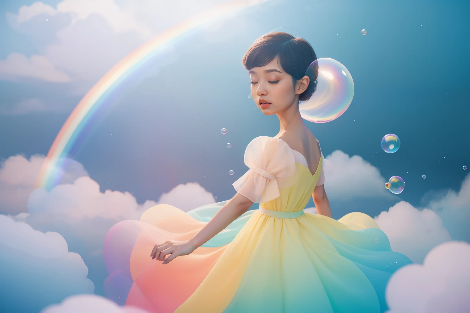The Bubble Ballet on Rainbow Bridge: Imagine a tween girl with a pixie cut of cotton candy colors, dressed in a billowing rainbow gown, dancing on a bridge made of floating soap bubbles. The ethereal scene, awash with soft pastels, should mirror the enchanting whimsy found in Wes Anderson's film aesthetics.