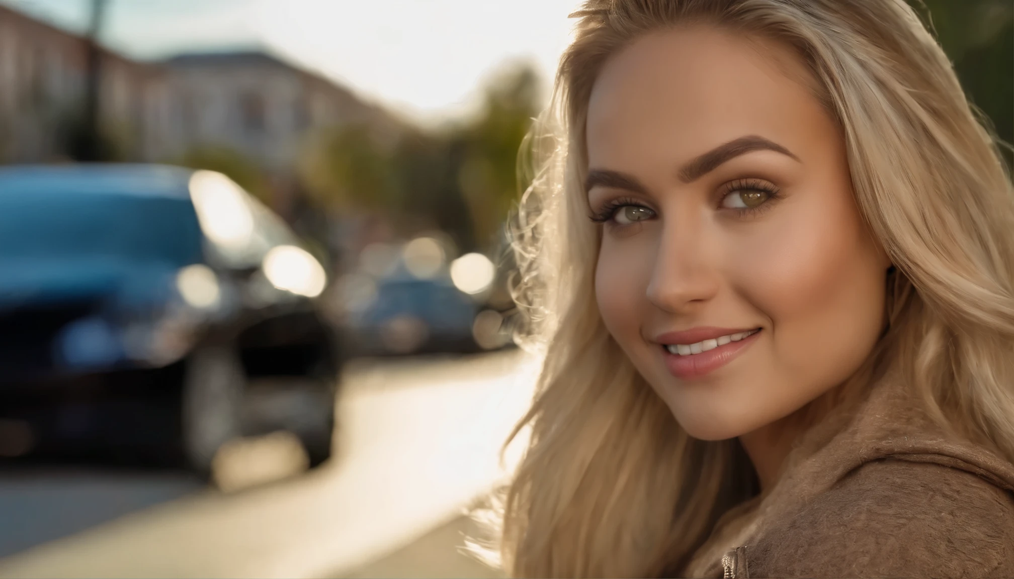 a smiling russian blonde on a street in LA. sexy 18 year old. realistic photo. ultra detailed. in sexy clothes HDR, very realistic, photorealism, 8k, cinematic lighting, natural pose, hispanic, upper body, perfect angle, with brown eyes, ultra realistic, very detailed, large eyes, large lips, natural makeup, looking directly at the camera, face with artgram, subtle ma, headshot, passport photo, actress headshot