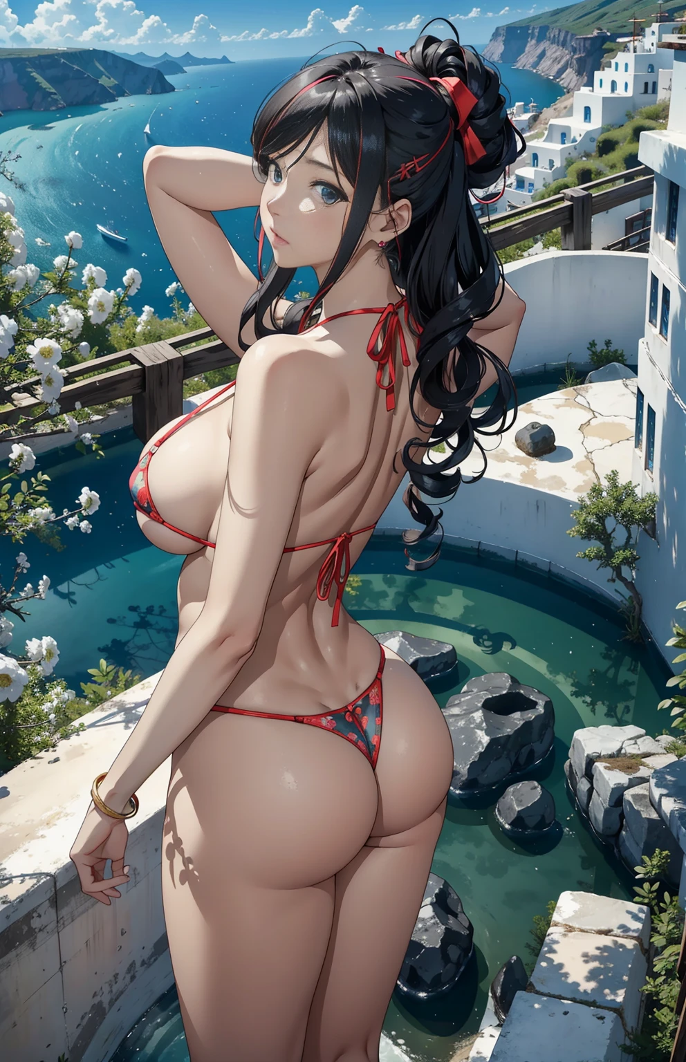 (tmasterpiece, 最好's质量, ultra - detailed, 8k wallpaper, realistically), (from back), 1 girl, Curvy but slender, 巨The large's,huge-breasted，The large, curlies, shairband, bangle, printed colorful micro bikini, Santorini Beach, raise both arms, comparing, 's, 自然柔和's光线,  skylines, natta