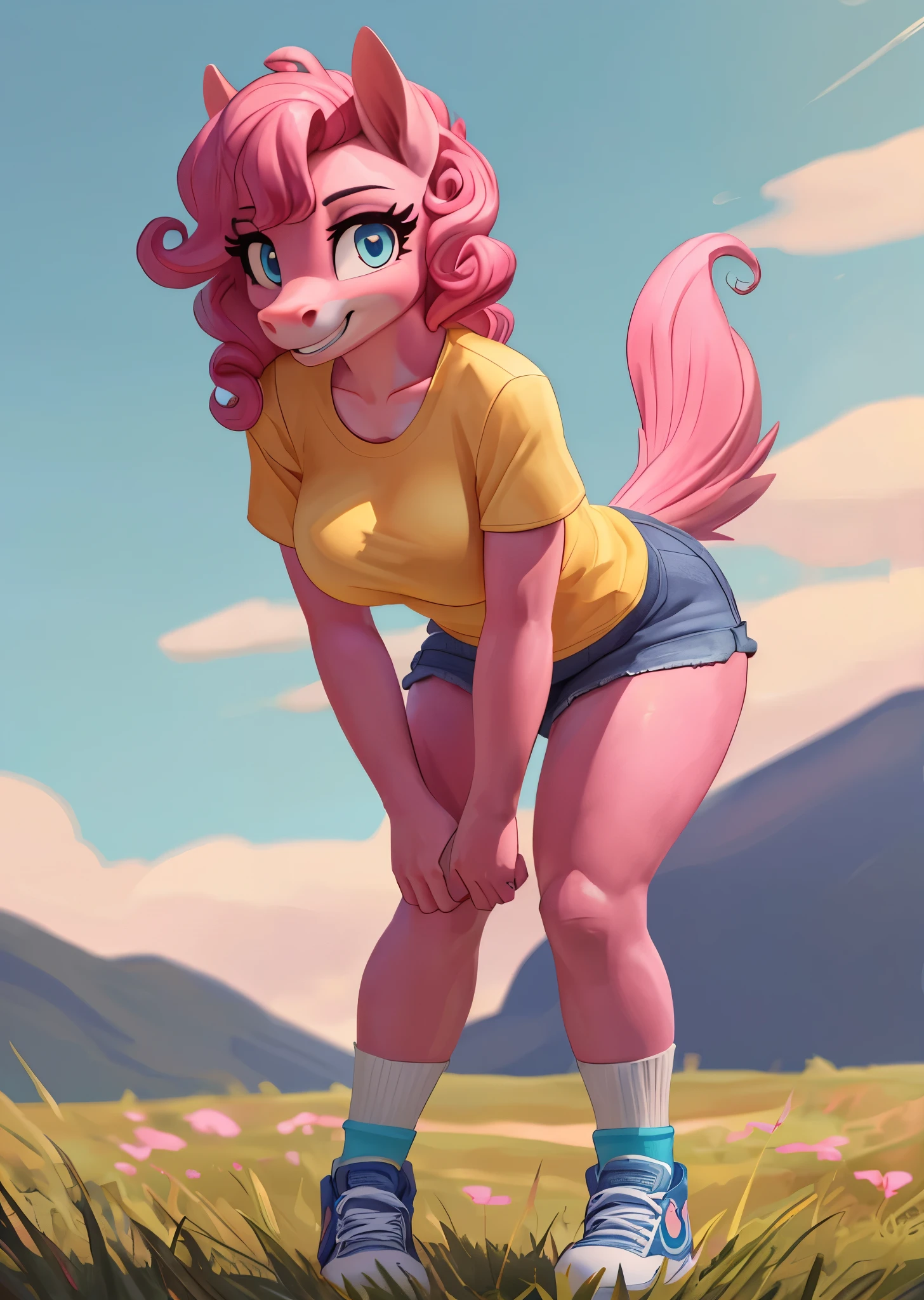 [pinky pie], [Uploaded to e621.net; (siden), (Pixelsketcher), (mayosplash), (wamudraws)], ((masterpiece)), ((HD)), ((high res)), ((solo portrait)), ((full body)), ((furry; anthro)), ((detailed fur)), ((detailed shading)), ((beautiful render art)), ((intricate details)), {anthro horse; (slim female figure), (pink fur), (cute cyan eyes), (long eyelashes), horse snout, (two nostrils), (curly hot-pink hair), (curly hot-pink tail), (medium boobs), (curvy hips), (beautiful legs), (excited grin)}, {(yellow tee shirt), (cleavage), (denim short shorts), (striped blue socks), (light-blue sneakers)}, {(standing), (looking at viewer)}, [background; (grass plains), (clouds in sky), (blue sky), (sun rays), (ambient lighting)]
