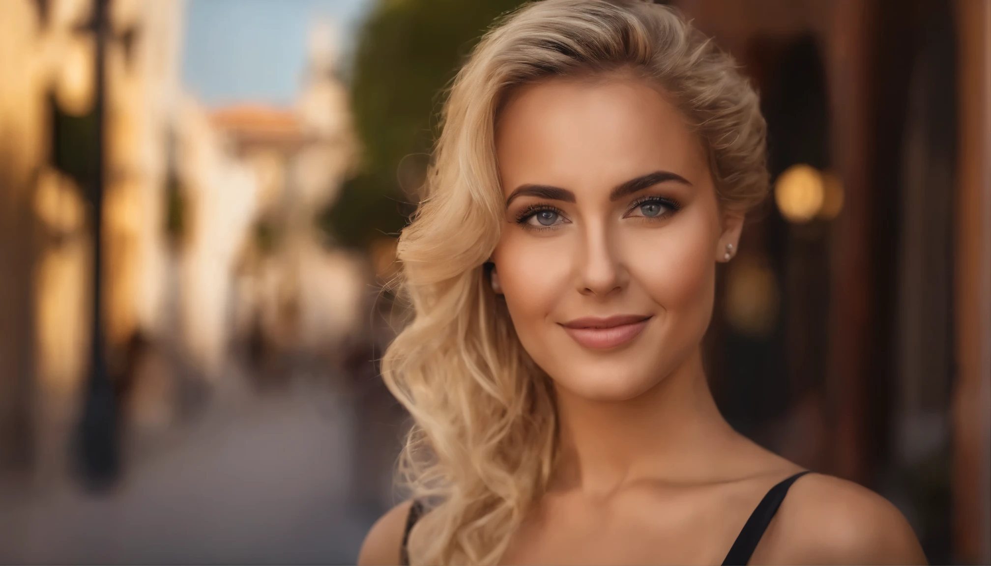 a smiling greek blonde walks down the street in LA. sexy 19 year old. realistic photo. ultra detailed. in sexy clothes HDR, very realistic, photorealism, 8k, cinematic lighting, natural pose, hispanic, upper body, perfect angle, with brown eyes, ultra realistic, very detailed, large eyes, heavy glamour makeup, looking directly at the camera, face with artgram, subtle ma, close up headshot, passport photo, actress headshot