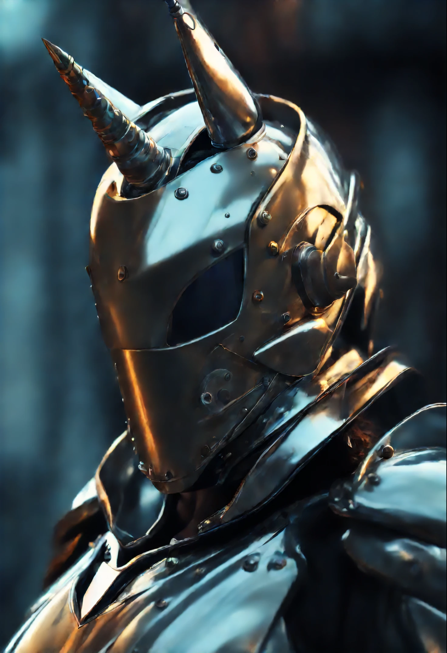 1 girl, no face, mysterious, helmet, unicorn horn, glowing eyes, Extreme detail expression, Glossy metal, dynamic angle, detailed light, dramatic_shadow, ray_tracing, reflection,Raw, cinematic shot, (sharp focus:1.5), (photorealistic:1.2), twilight lighting, volumetric lighting, ultra high res, 16K,dramatic lighting,