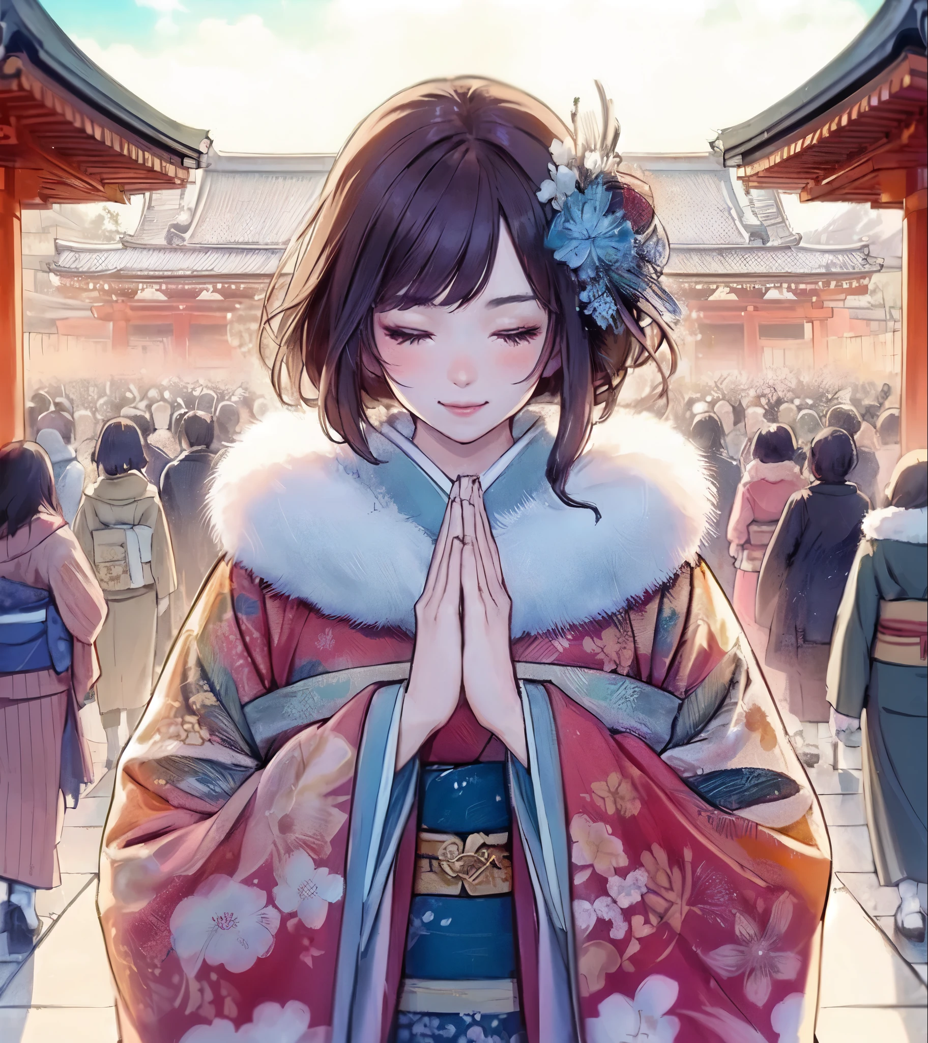 1lady solo, (bringing palms together (in front of face:1.2):1.2), (vibrant kimono) flower ornament, mature female, /(dark brown hair/) bangs, blush light smile (eyes lightly closed:1.1), (masterpiece best quality:1.2) delicate illustration ultra-detailed, large breasts BREAK (Japanese shrine outdoors), (New Year's Day) winter, /(bricks road/), crowded