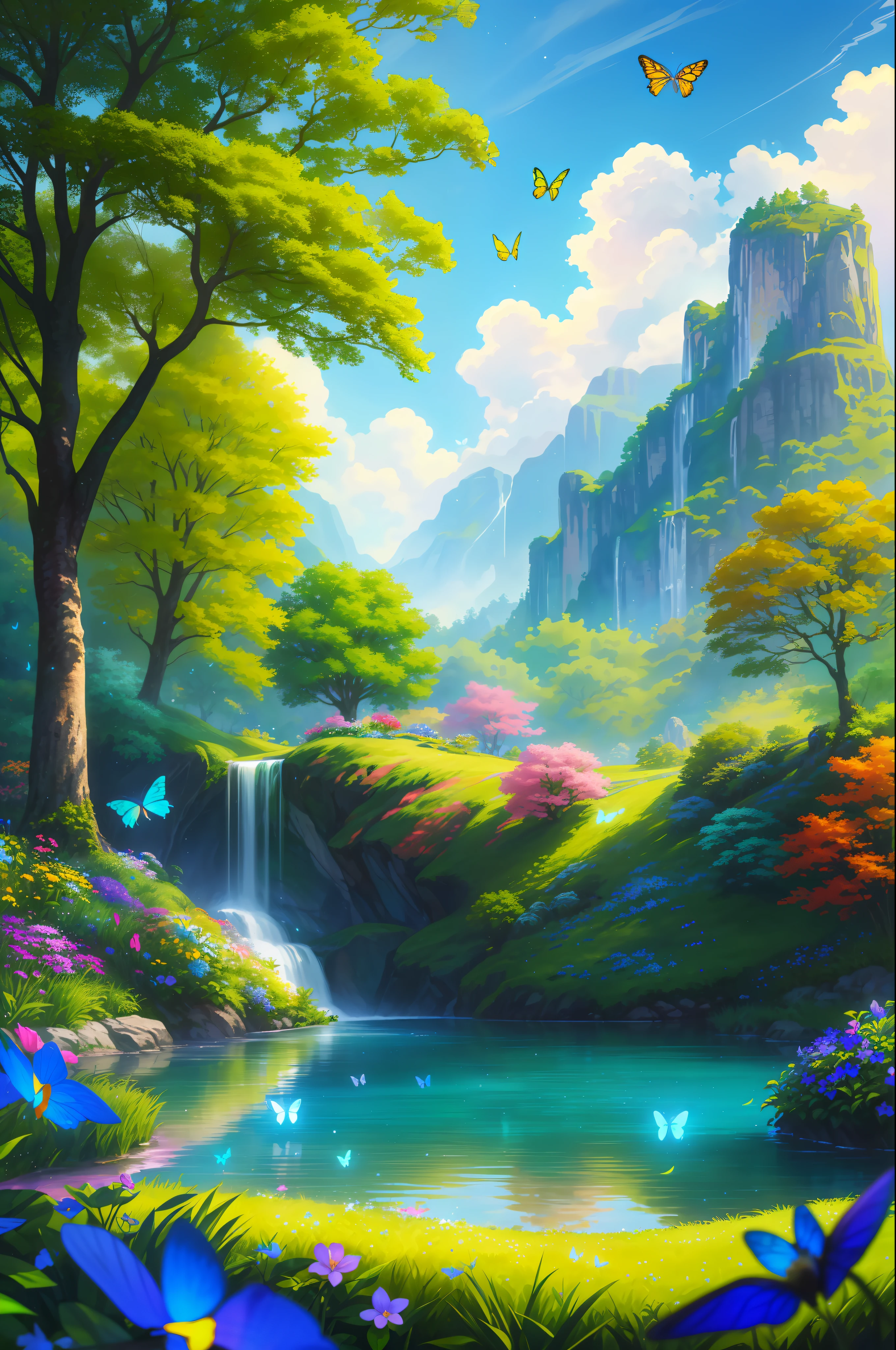 masterpiece, best quality, high quality, extremely detailed cg unity 8k wallpaper, )an extremely colorful and purely fantasy environment with vibrant hues and a bright sky), landscape of bright green grass, colorful trees, glittering fruits, and bright blue flowers, (the streams are a deep shade of blue green), and the air is filled with sweet exotic scents, (the environment appears to be taken out of a dream), with luminescent butterflies and giant colorful birds flying around, award winning photography, bokeh, depth of field, hdr, bloom, chromatic aberration, photorealistic:1.3, extremely detailed, trending on artstation, trending on cgsociety, intricate, high detail, dramatic, art by midjourney,