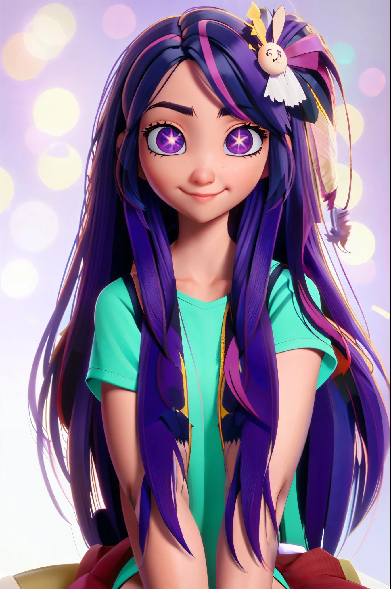 Hoshino Ai, long hair, purple hair, streaked hair, purple eyes, star-shaped pupils, hair ornament, 3D_Pixar_style