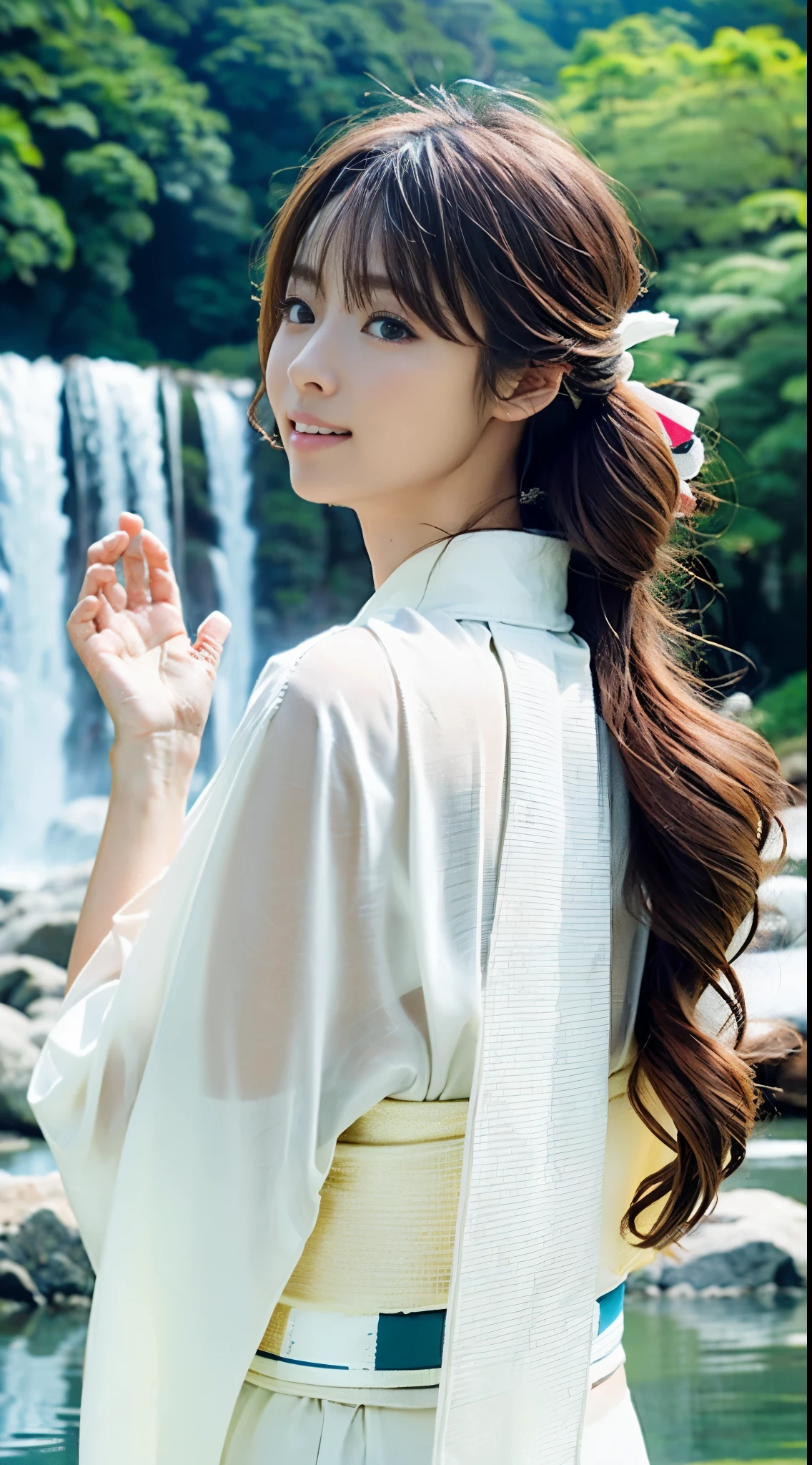 (((A beautiful woman wears a sheer white kimono that exposes little skin to cleanse herself early in the morning, and swims up to her chest in shallow water right in front of a large waterfall, braving the cold.))),(((A pure-hearted gravure idol wearing a pure white kimono with a sash tied up, waving her hands together as she soaks up to her chest in the basin of a waterfall.))),(((masutepiece:1.6))),(((ulzzang-6500))),(((perfect anatomia:1.6))),(((Deep depth of field with Hasselblad))),(((Sexy waist))),masterpiece,top-quality,超A high resolution,High detailed portrait,(photographrealistic:1.4),(((High nose and chiseled beautiful face))),(((Long limbs like a model))),The fair-skinned nape of the neck is dazzling,(((The beautiful pure white kimono that shows off the lines of the body stands out.))),chin up and pray,((Full body shot from the side)),Cute 20 years old, Her long glossy chestnut hair is tied up and the nape of her neck is sexy.,((Proud F cup beautiful breasts )),(I can't get enough of my waistline),(Famous popular actresses of Japan),(I look over my shoulder, raise the corners of my mouth and eyebrows, and hold back.),A detailed eye,((Gravure photo shoot at a large waterfall basin surrounded by elegant trees)),((long lashes,big eye,Distinct double eyelids,((shiny thick lips)),(((perfect anatomia:1.4))),