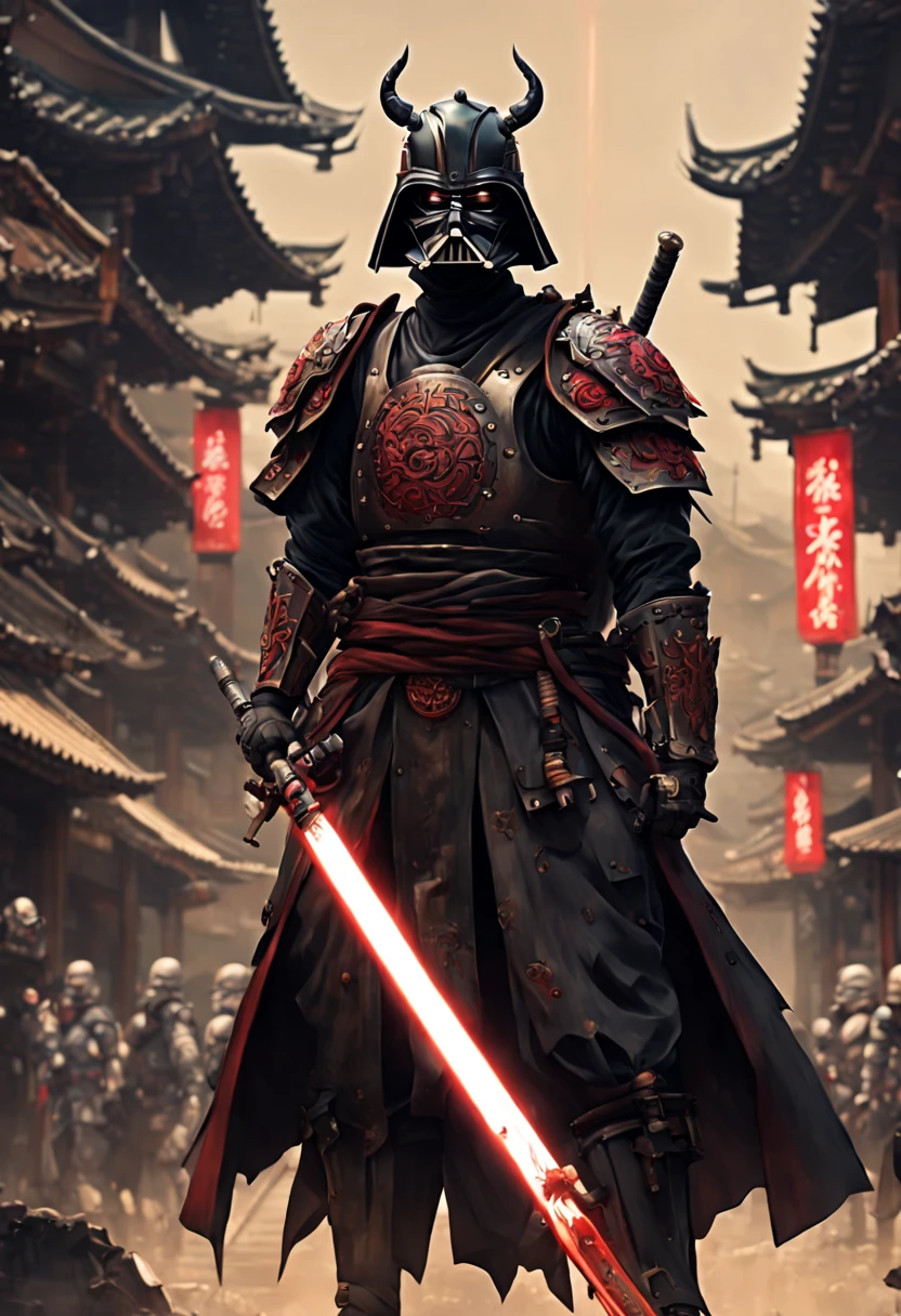 (8k uhd, masterpiece, best quality, high quality, absurdres, ultra-detailed, detailed background), (full body:1.4), (a Japanese Darth vader samurai with great sword, walking across a bunch of Japanese stormtroopers samurai), (beautiful, aesthetic, perfect, delicate, intricate:1.2), (color scheme: black), (size and shape of great sword: Daishō, massive and double-edged), (type of armor: oni style helmet, black eyes, bone and leather), (environment: ancient Japan street, outside, cyberpunk, Cyberpunk, ), perspective: slightly low angle to emphasize the warrior's power, lighting: dramatic, with a spotlight illuminating the warrior's face and sword, (depth of field: shallow, with the warrior in sharp focus and the fiery background slightly blurred), cyborg style, Movie Still, cyborg, steampunk style,