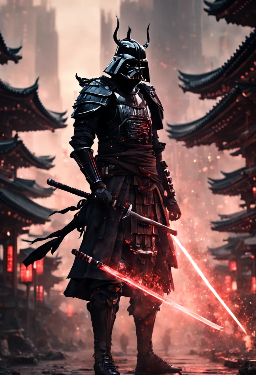 (8k uhd, masterpiece, best quality, high quality, absurdres, ultra-detailed, detailed background), (full body:1.4), (a Japanese Darth vader  samurai with great sword, walking across a bunch of Japanese stormtroopers samurai), (beautiful, aesthetic, perfect, delicate, intricate:1.2), (color scheme: black), (size and shape of great sword: Daishō, massive and double-edged), (type of armor: oni style helmet, black eyes, bone and leather), (environment: ancient Japan street, outside, cyberpunk, Cyberpunk, ), perspective: slightly low angle to emphasize the warrior's power, lighting: dramatic, with a spotlight illuminating the warrior's face and sword, (depth of field: shallow, with the warrior in sharp focus and the fiery background slightly blurred), cyborg style, Movie Still, cyborg, steampunk style,