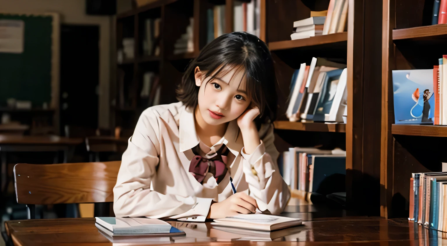 High school students, Library, Boken, study, Photo, At the desk, uniform, Short hair