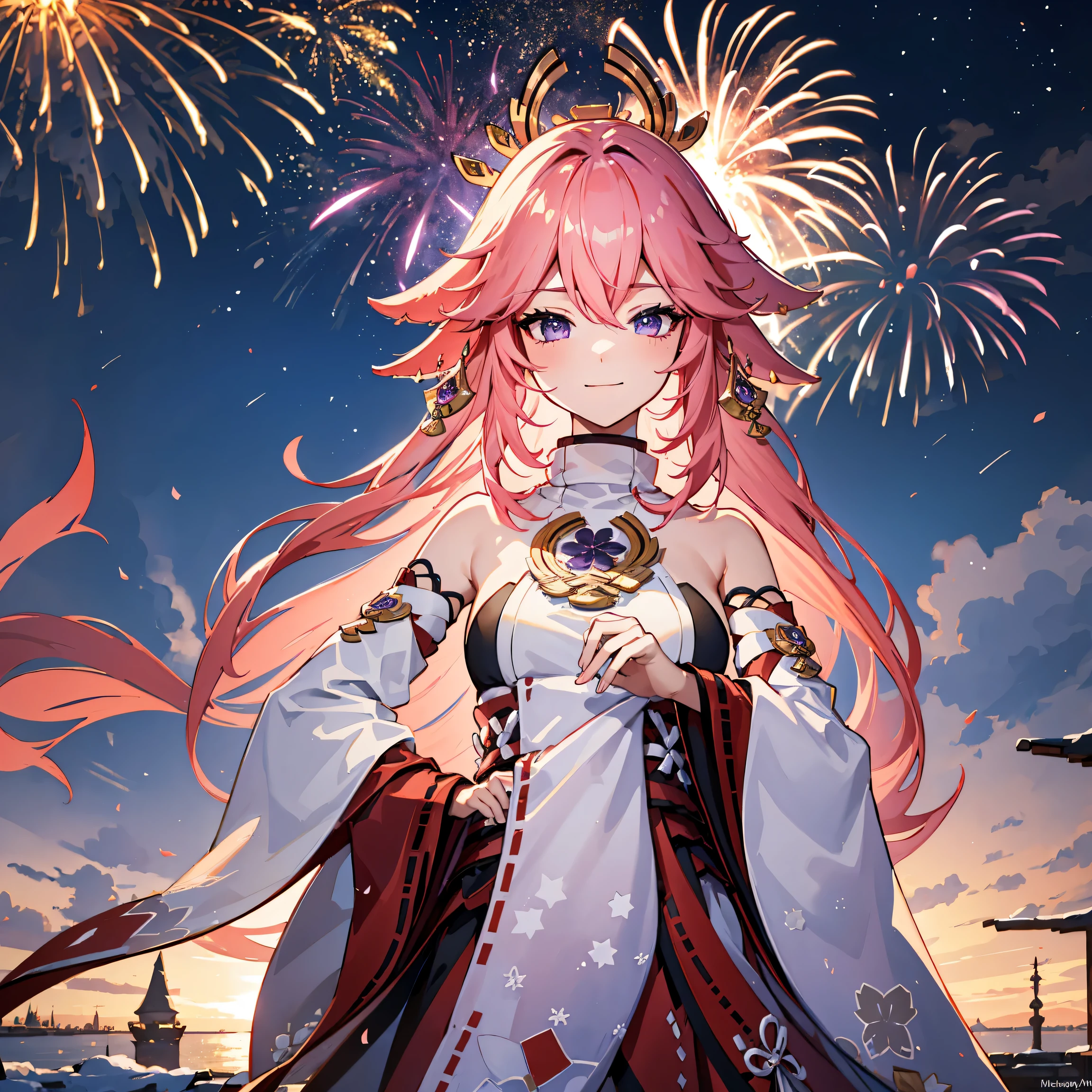 wide wide shot,Expansive night sky,Ring in the New Year,winter snowflakes flying,The landscape,painting of a,illustratio,sportrait,YaeMiko, with pink hair, The sleeves are separated, No shoulder strap, (Side breasts:1.45),((Grand fireworks show in the night sky)),Colorful fireworks,Twinkling stars,Romantic atmosphere,overwhelming excitement,festive atmosphere,Magical moments,Inspiring artistic creations. Best quality at best,4K,8K,A high resolution,tmasterpiece:1.2,ultra - detailed,actual:1.37,
