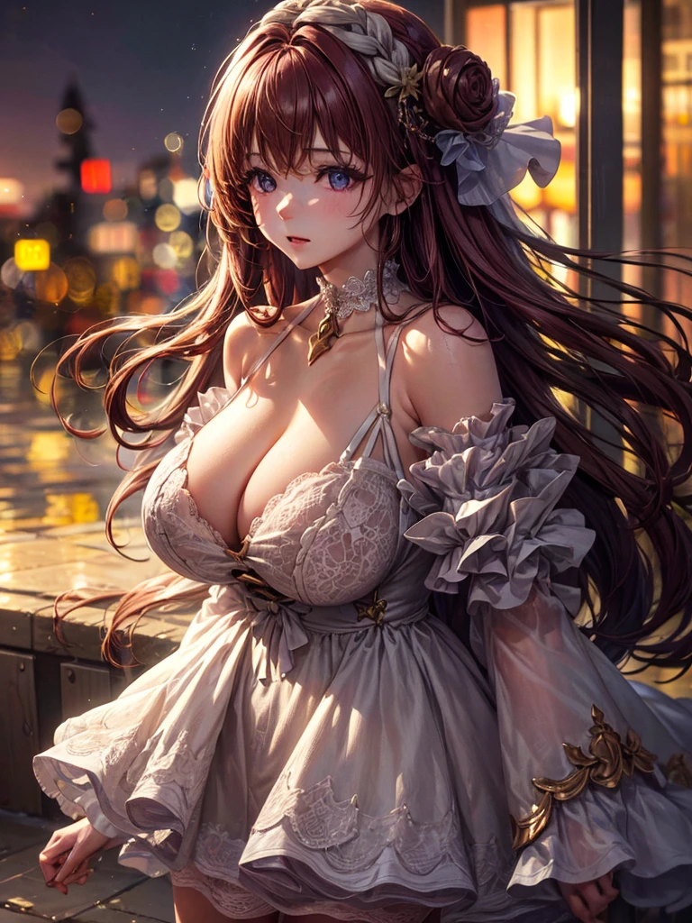 (2 girly temperament), (ultra - detailed), illustratio, (detailedlight), (Extremely Delicately Beautiful), Brown hair, Brown eyes, Modeleautiful big breasts:1.3), of shoulders, Best quality at best, extremely detaild的 CG unified 8k wallpapers, High-definition RAW color photo, professional photoshooting, (((bokeh))), depth of fields, Mare滩, Mare, evening, the sunset,