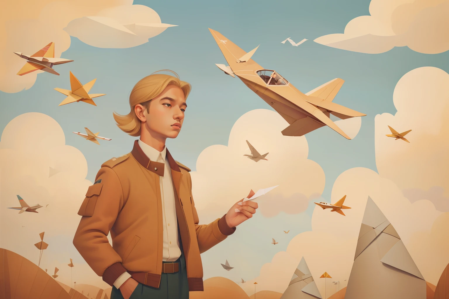The Paper Plane Migration: Illustrate a teen boy with tousled blond hair, wearing a vintage aviator jacket, guiding a flock of paper planes through a sky adorned with origami clouds. The scene, bathed in warm hues of sepia and mustard, should capture the fantastical allure of Wes Anderson's magical realism.