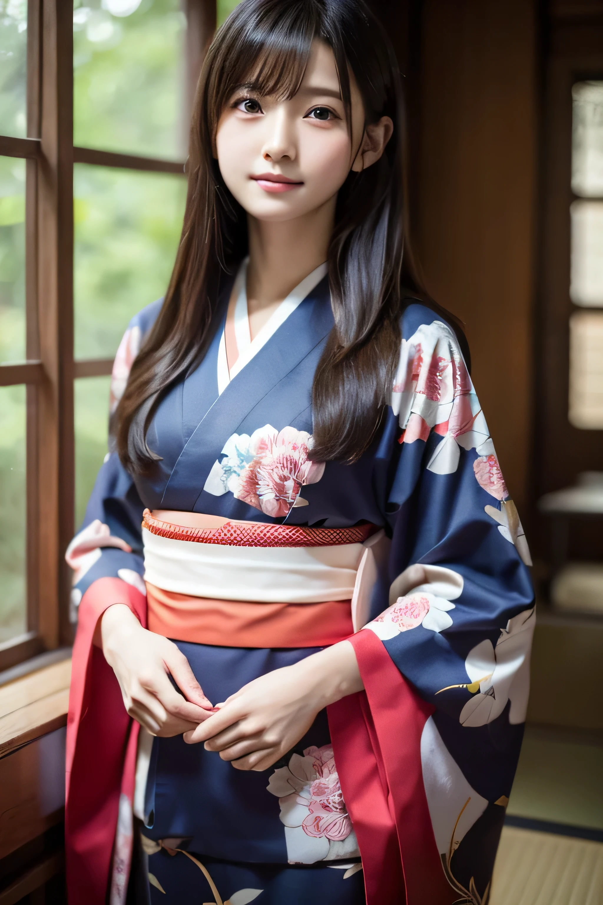 (Kimono)、((**** student))、randome pose、(top-quality,​masterpiece:1.3,超A high resolution,),(ultra-detailliert,Caustics),(Photorealsitic:1.4,RAW shooting,)Ultra-realistic capture,A highly detailed,High resolution 16K human skin close-up、 Skin texture is natural、、The skin looks healthy with an even tone、 Use natural light and color,***1人,japanes,,kawaii,A dark-haired,Middle hair,,smil,,(depth of fields、chromatic abberation、、Wide range of lighting、Natural Shading、)、