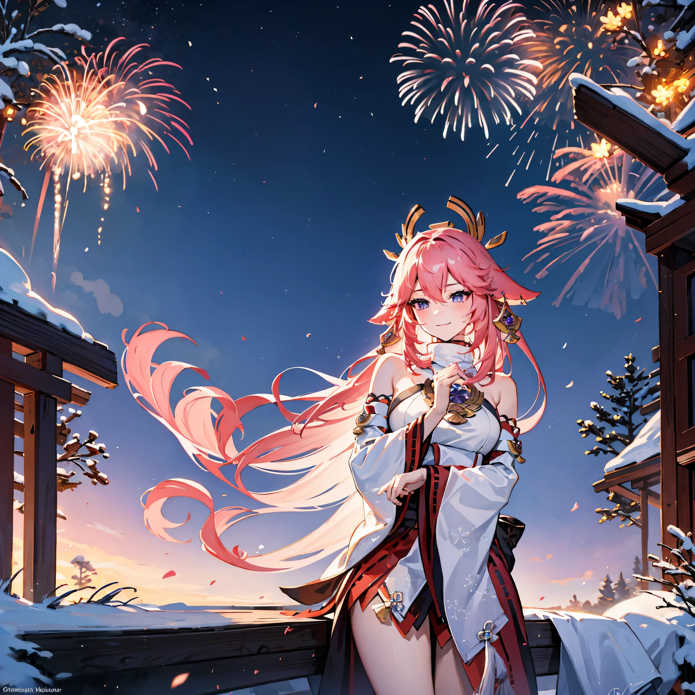 wide wide shot,Expansive night sky,Ring in the New Year,winter snowflakes flying,The landscape,painting of a,illustratio,sportrait,YaeMiko, with pink hair, The sleeves are separated, No shoulder strap,((Grand fireworks show in the night sky)),Colorful fireworks,Twinkling stars,futuristic high rise building,Romantic atmosphere,overwhelming excitement,festive atmosphere,Magical moments,Inspiring artistic creations. Best quality at best,4K,8K,A high resolution,tmasterpiece:1.2,ultra - detailed,actual:1.37,