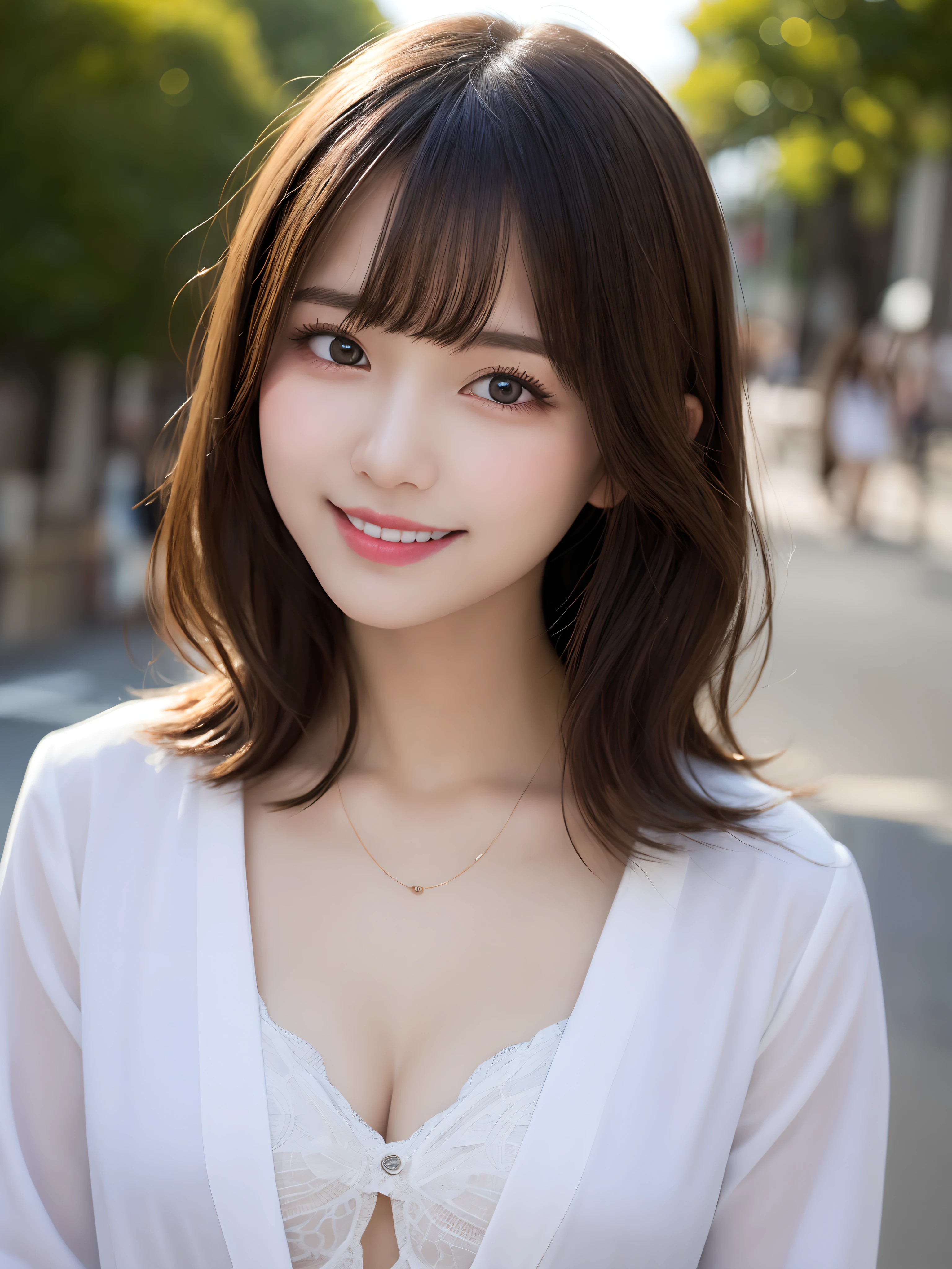 masutepiece、Best Quality、Illustration、 ultra-detailliert、hight resolution、8K Wallpapers、Beautiful detailed eyes、Medium Hair、Natural Color Lip、Smile、Harajuku、20 years girl、Cute、Sexy shot looking at camera、white clothes、No chest、Nurse、swim wears
