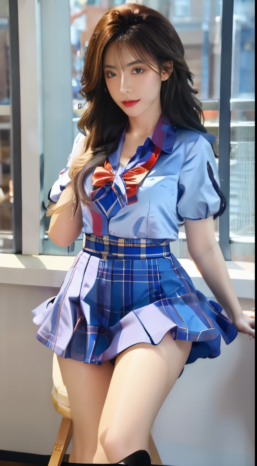 A close up of a woman in a short skirt and a shirt - SeaArt AI